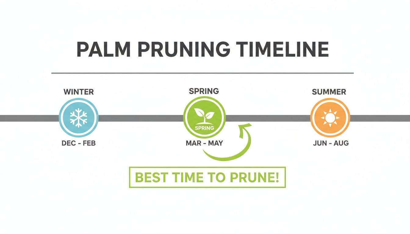 A palm pruning timeline graphic showing winter, spring, and summer, highlighting spring (March-May) as the best time to prune.