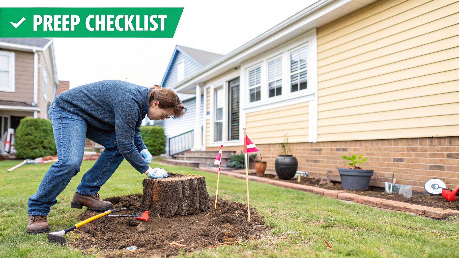 A clear yard area around a tree stump, ready for grinding service.