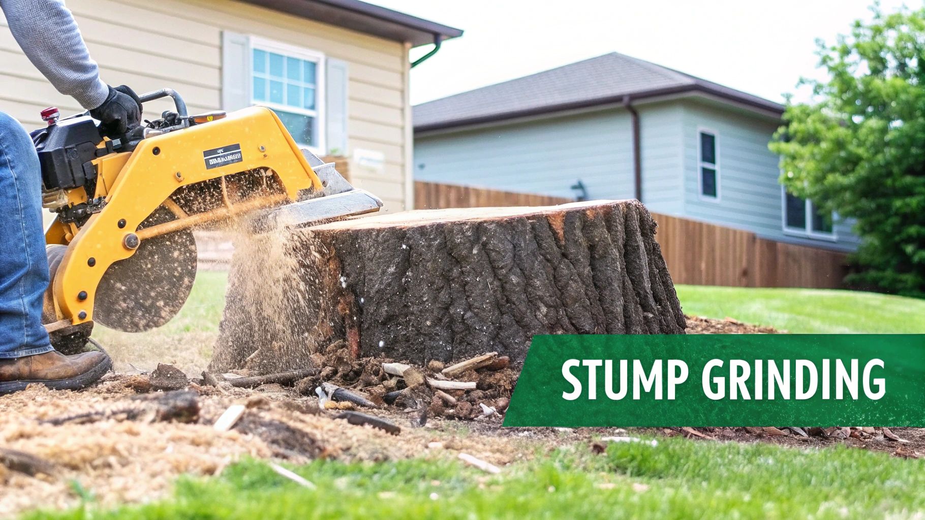 A person operates a yellow stump grinder, removing a large tree stump in a residential yard.