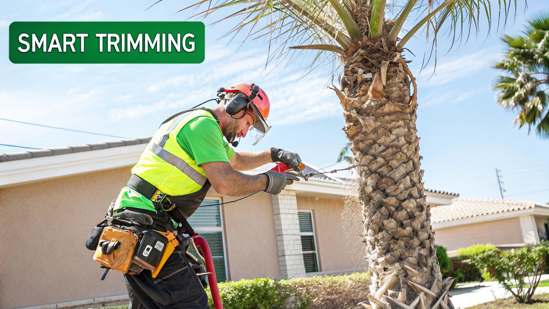 A professional arborist carefully trimming the fronds of a tall palm tree with a clear blue sky in the background.