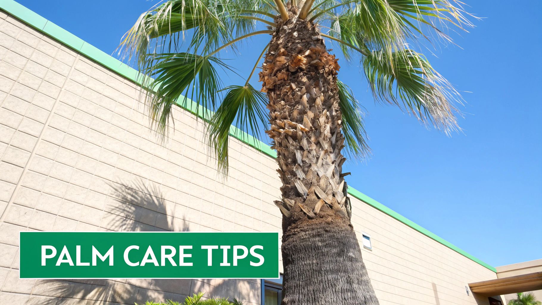 A tall palm tree with green fronds against a light-colored building and clear blue sky, featuring a 'PALM CARE TIPS' banner.