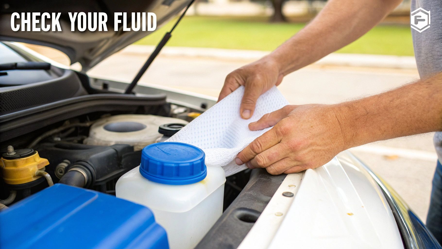 A close-up of a semi-transparent brake fluid reservoir in an engine bay.