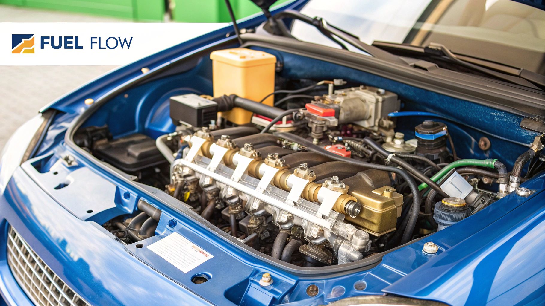 A detailed view of a car engine's fuel injector system.
