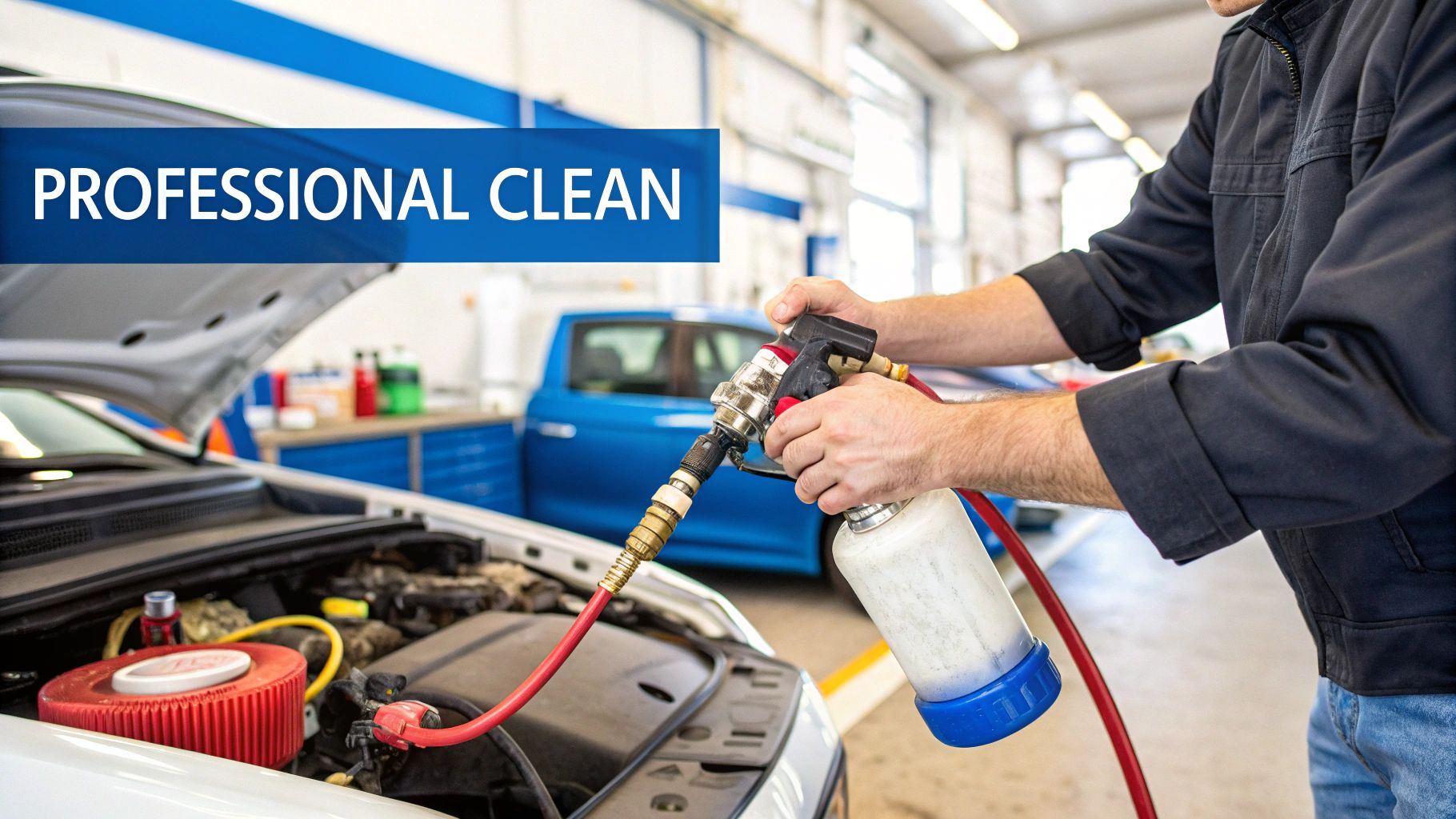 An ASE-certified technician at Pete Nelson Automotive using specialized equipment to perform a fuel system cleaning service on a vehicle's engine.