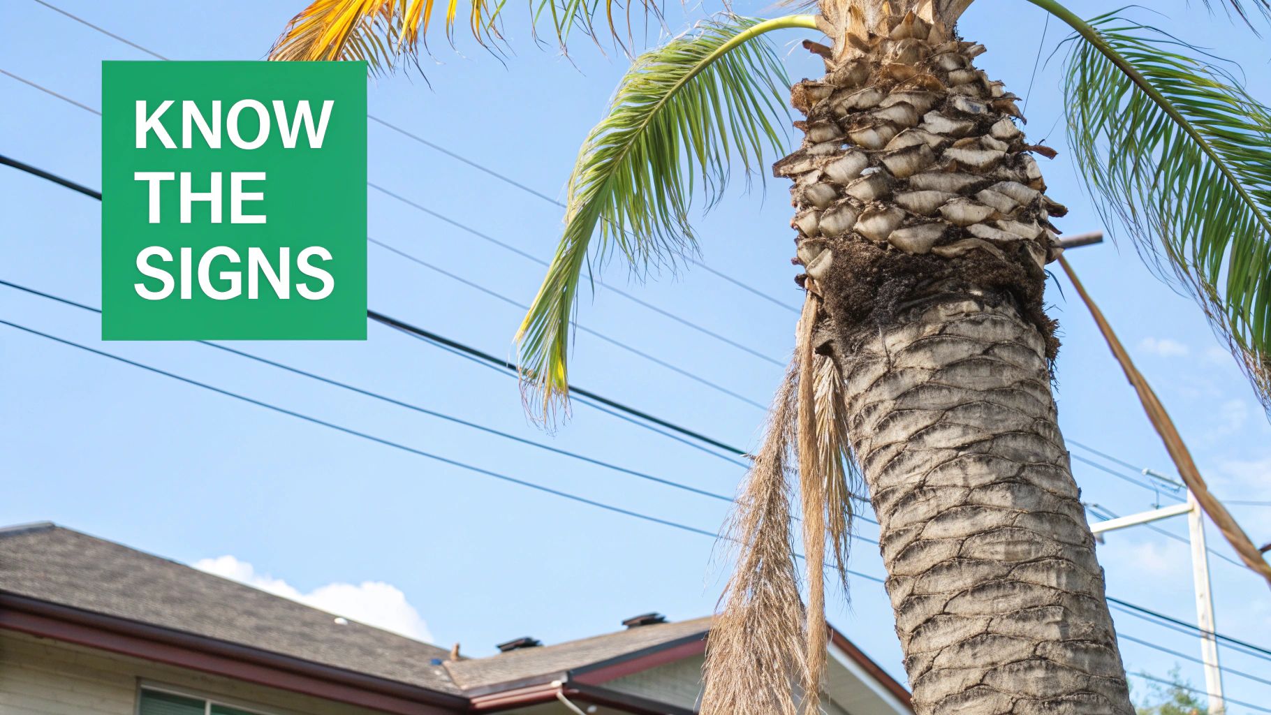 A severely over-trimmed palm tree, also known as 'pencil-topping,' with only a few green fronds remaining at the top.