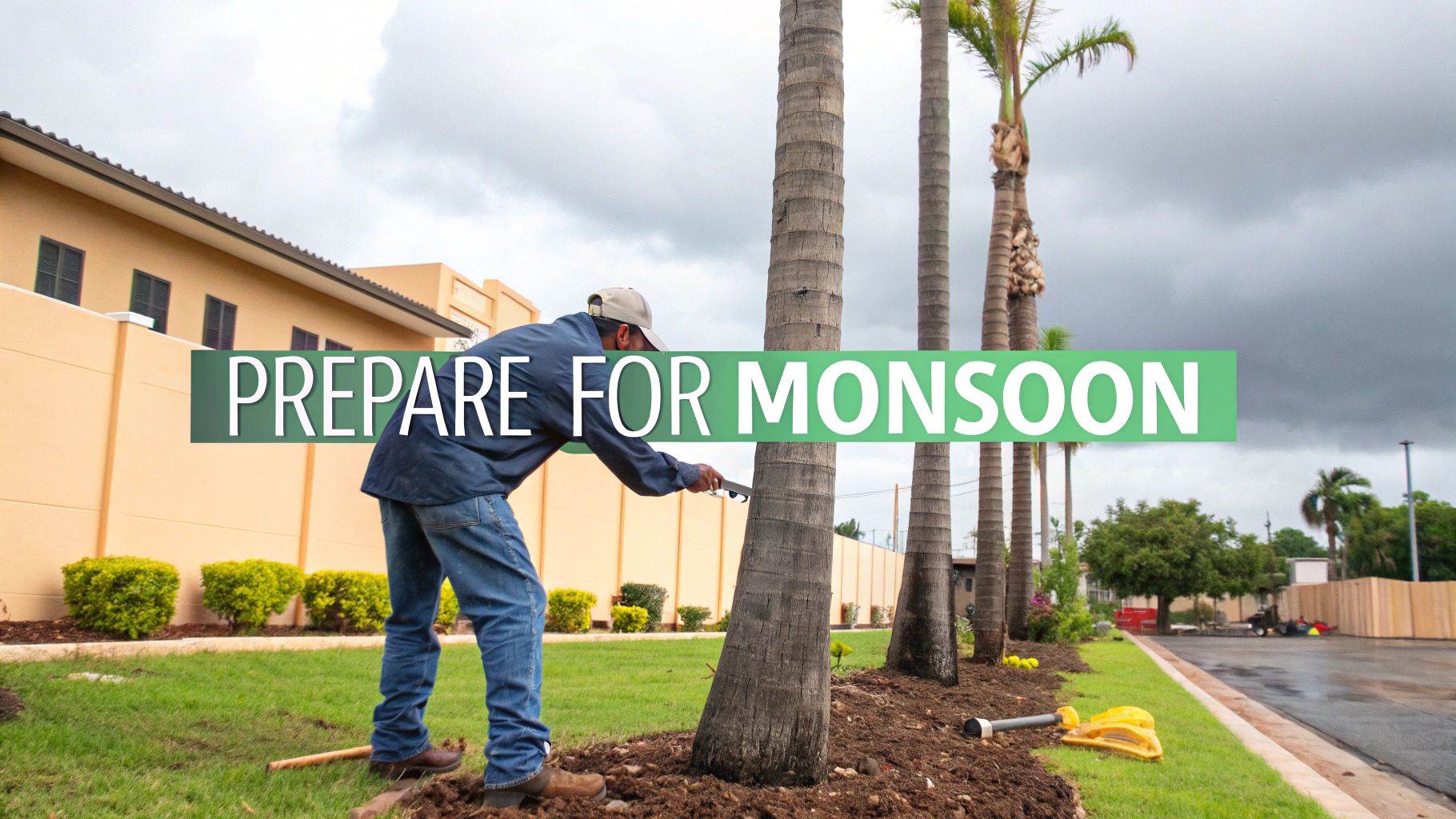 A man prunes a palm tree on a grassy lawn under a cloudy sky, with text overlay "PREPARE FOR MONSOON."