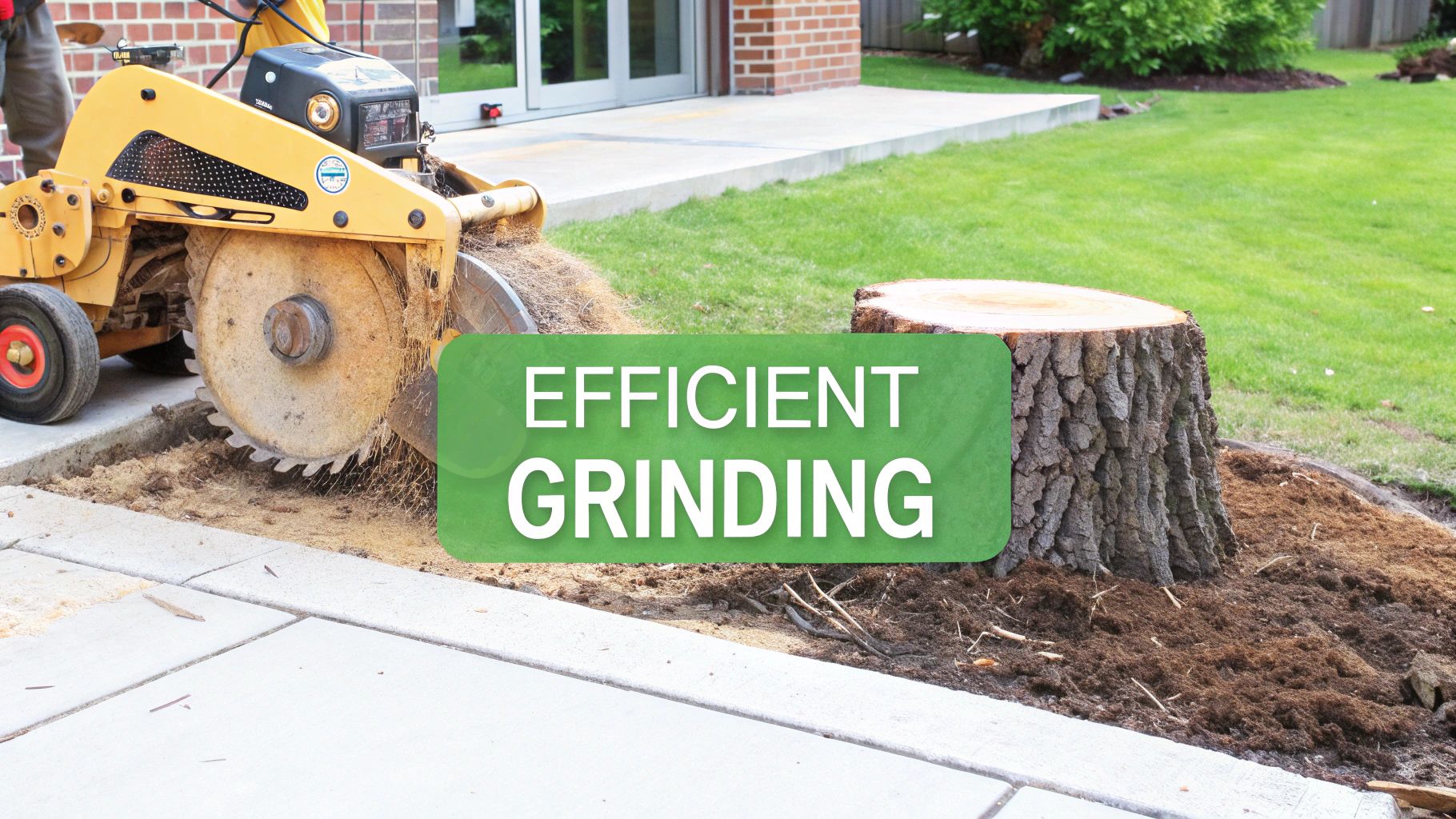 Stump grinding machine in action, creating a pile of wood chips.
