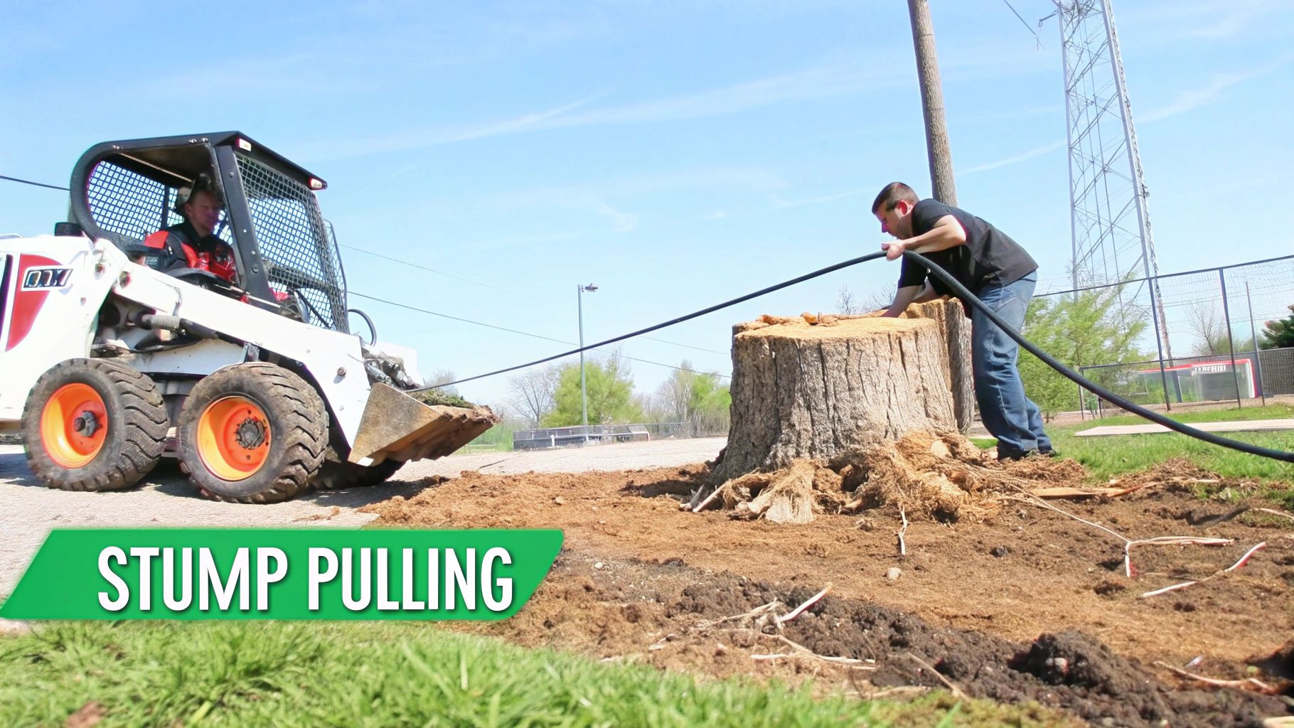 Two men work together using a skid-steer loader to pull a large tree stump from the ground.