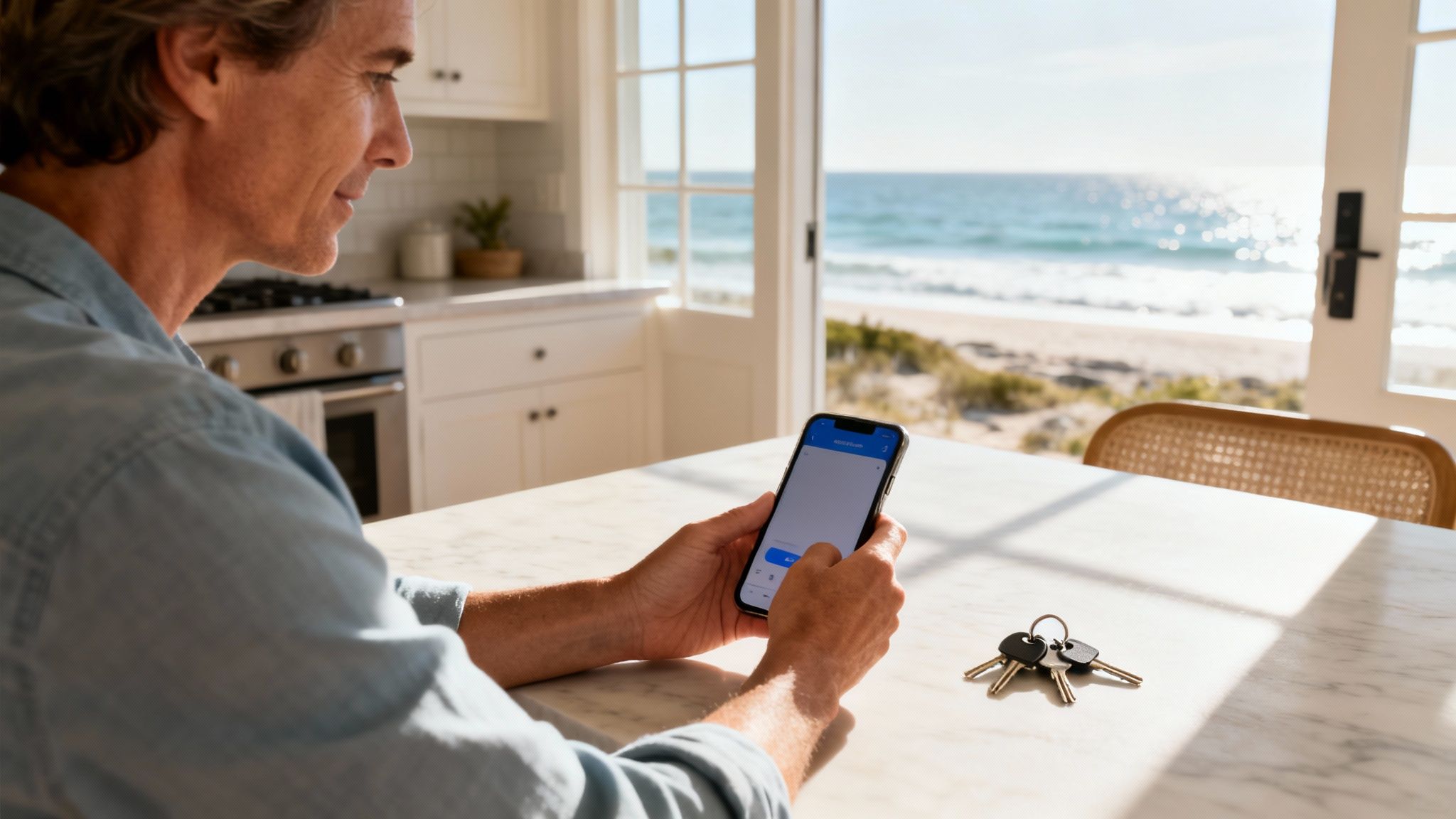 Man using a smartphone with keys on a table, overlooking a sunny beach and ocean.