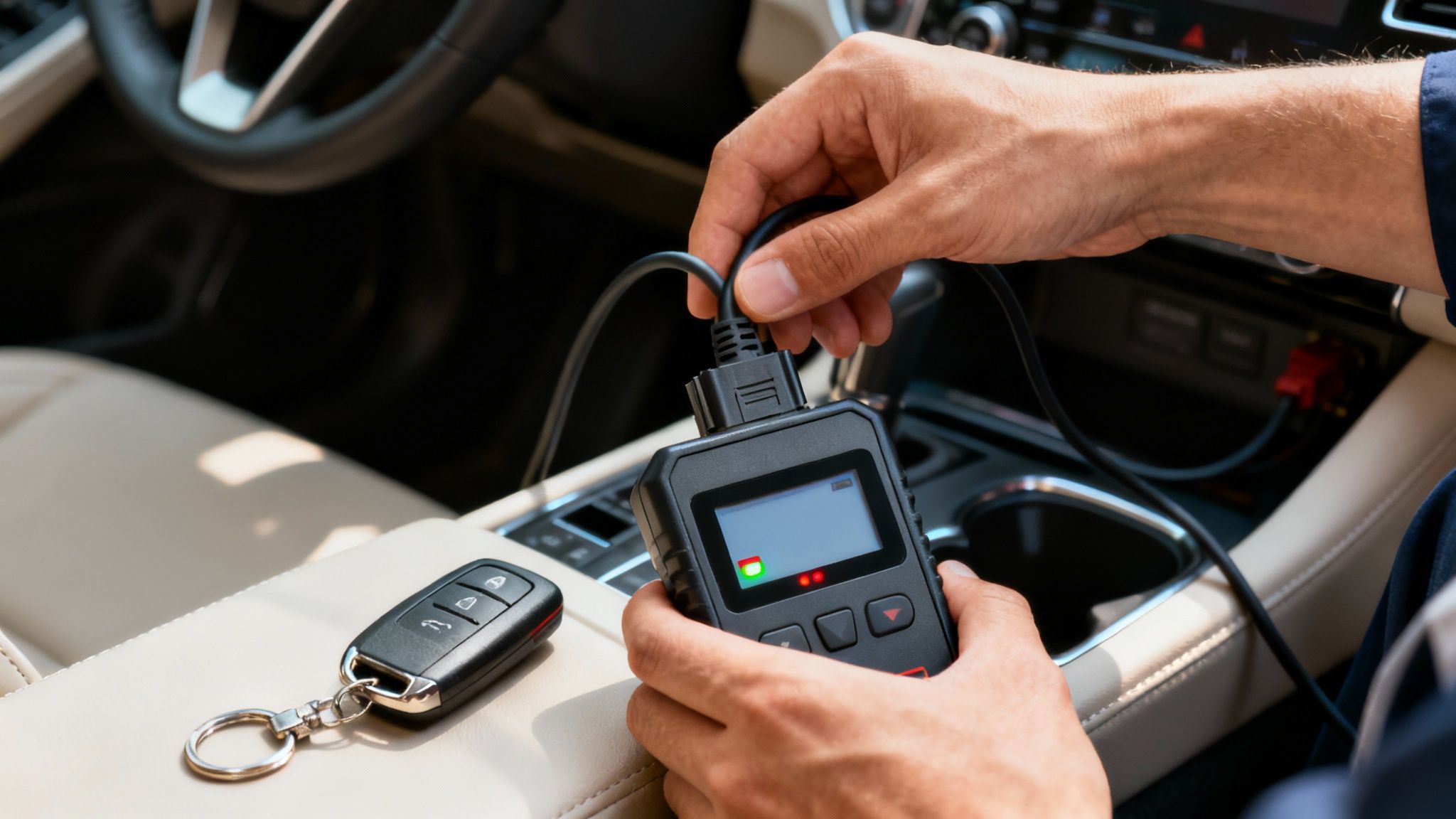 Close-up of hands connecting a car diagnostic tool to a vehicle, with a remote car key nearby.