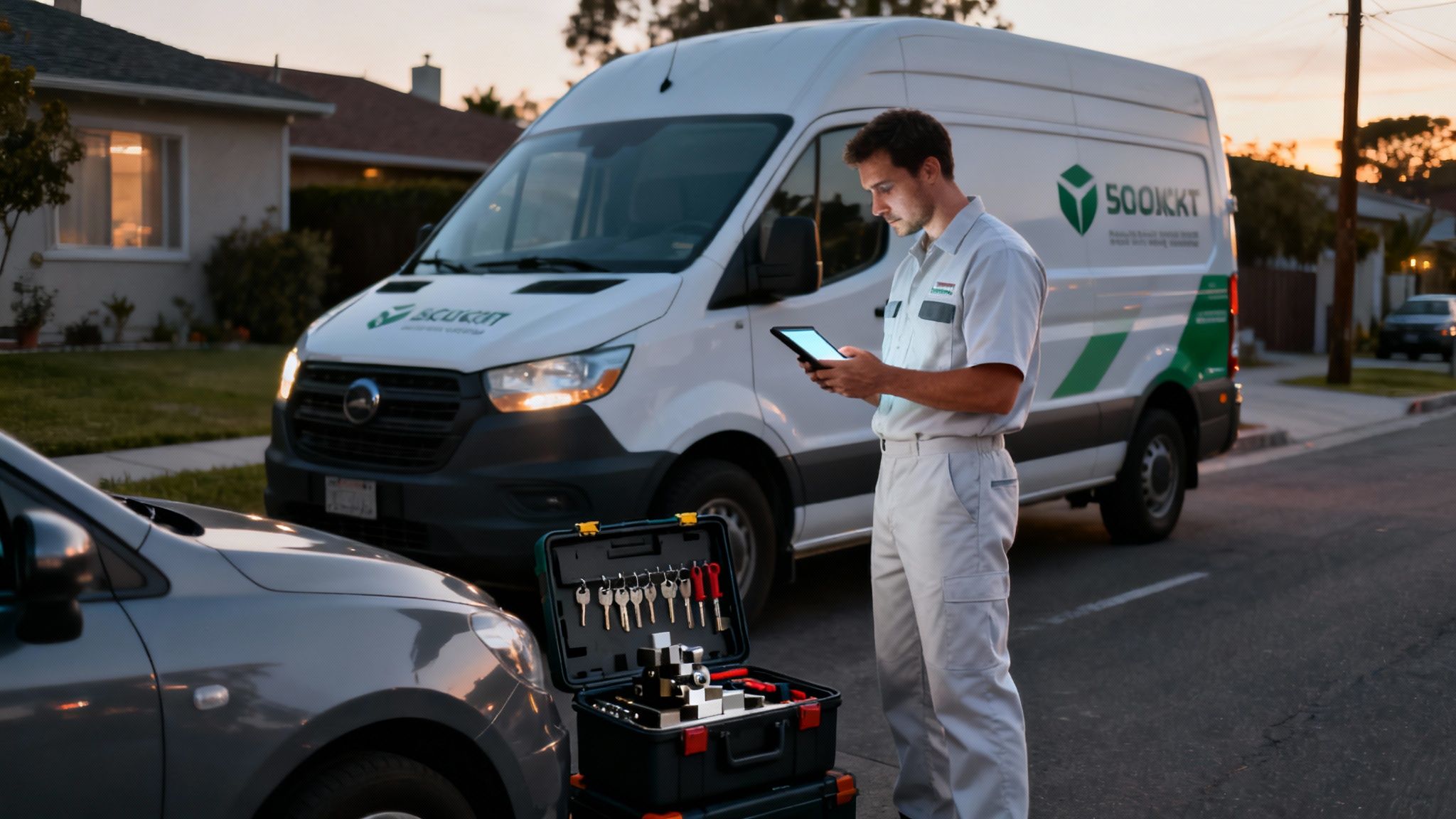 A technician uses a tablet next to an open toolbox with keys, with a service van and car nearby.
