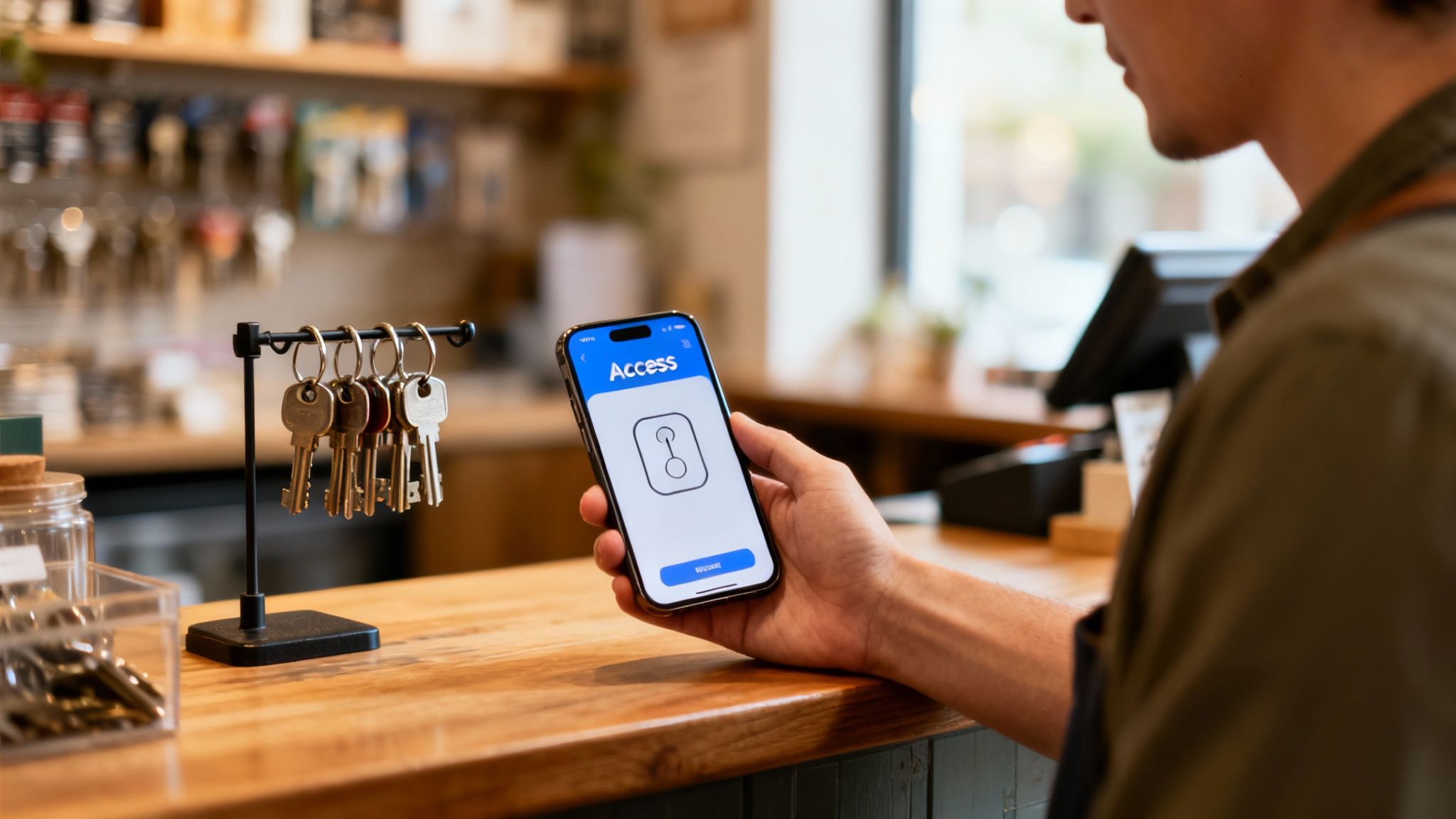 A person holds a smartphone displaying an 'Access' app, near physical keys in a locksmith shop.
