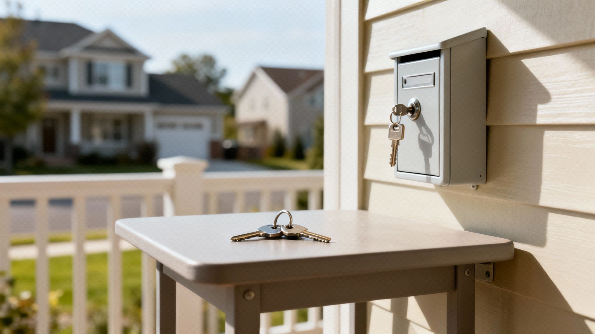 House keys rest on a small table on a porch, beside a wall-mounted mailbox.