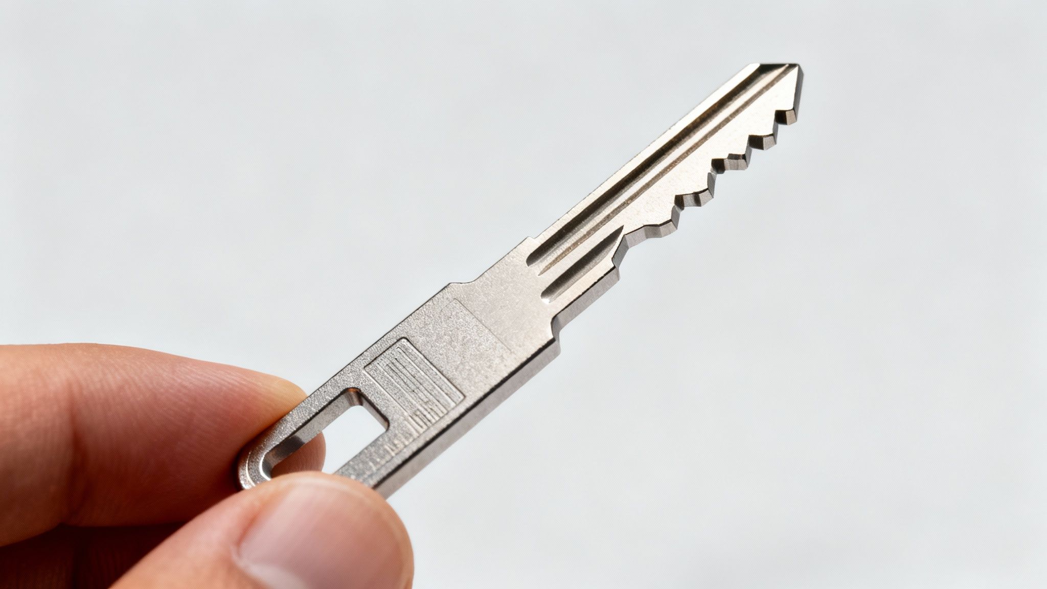 A person's hand holds a shiny silver, intricately laser-cut auto key against a bright white background.