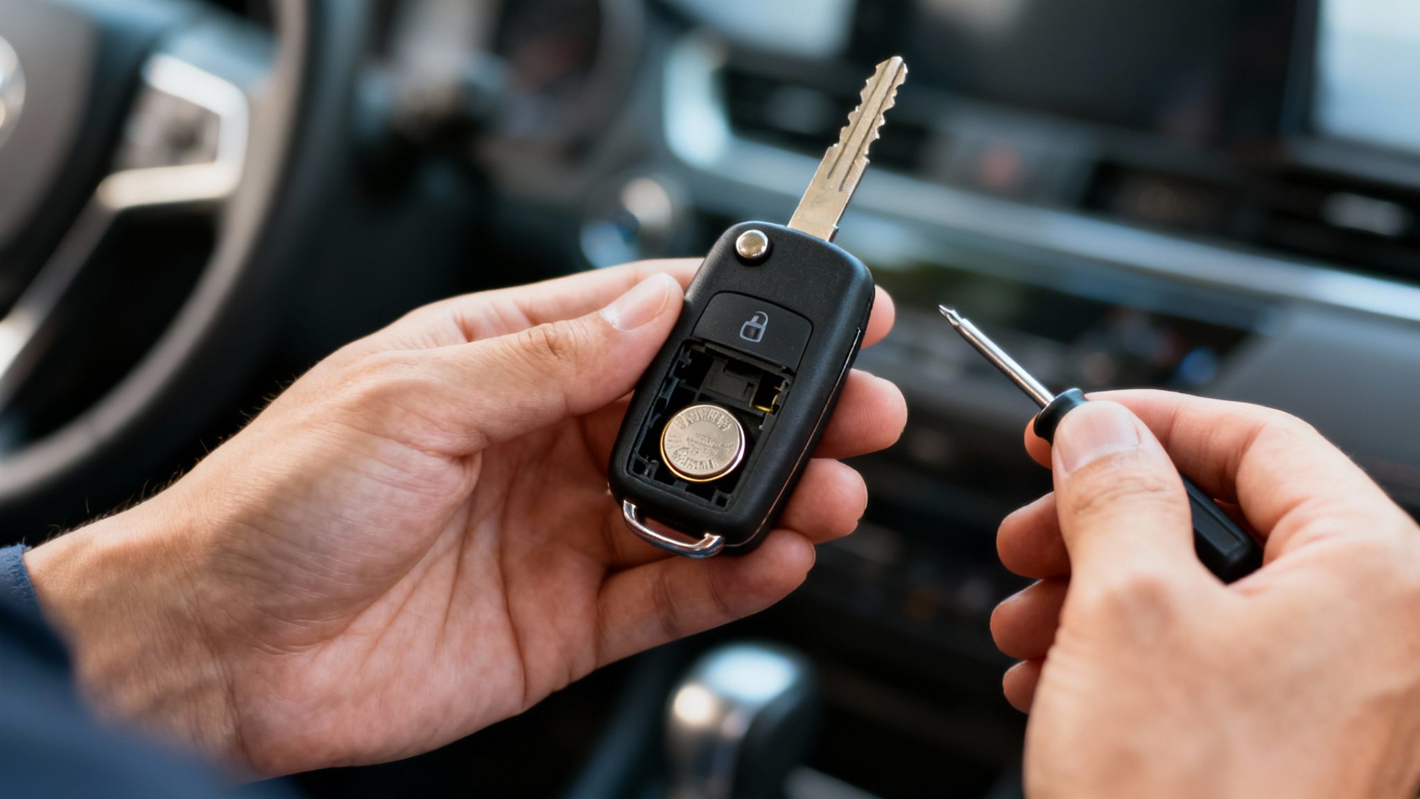A person replaces a car key battery with a small screwdriver inside a car.