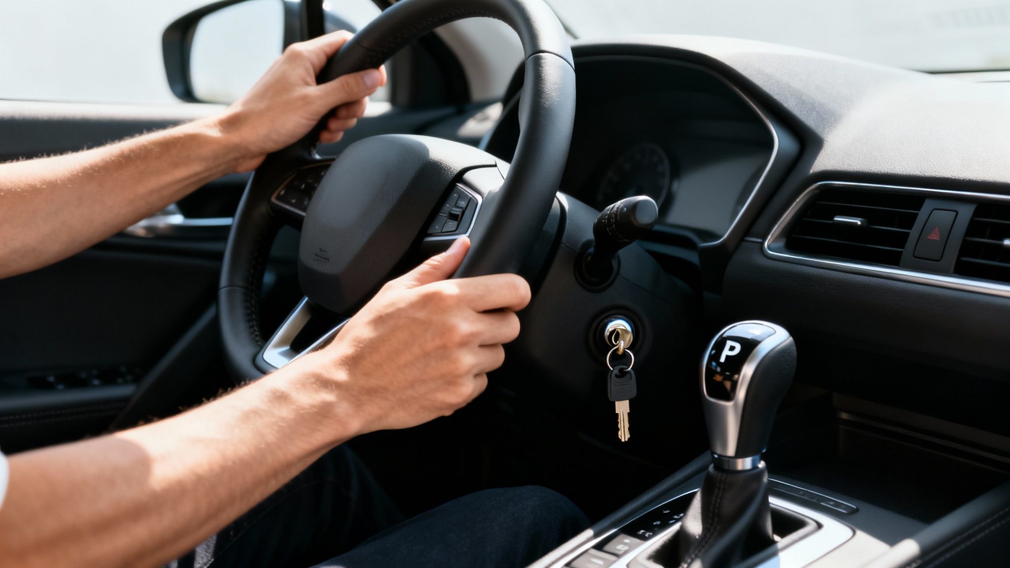 A person's hands on a car steering wheel, with keys in the ignition and an automatic gear shifter.