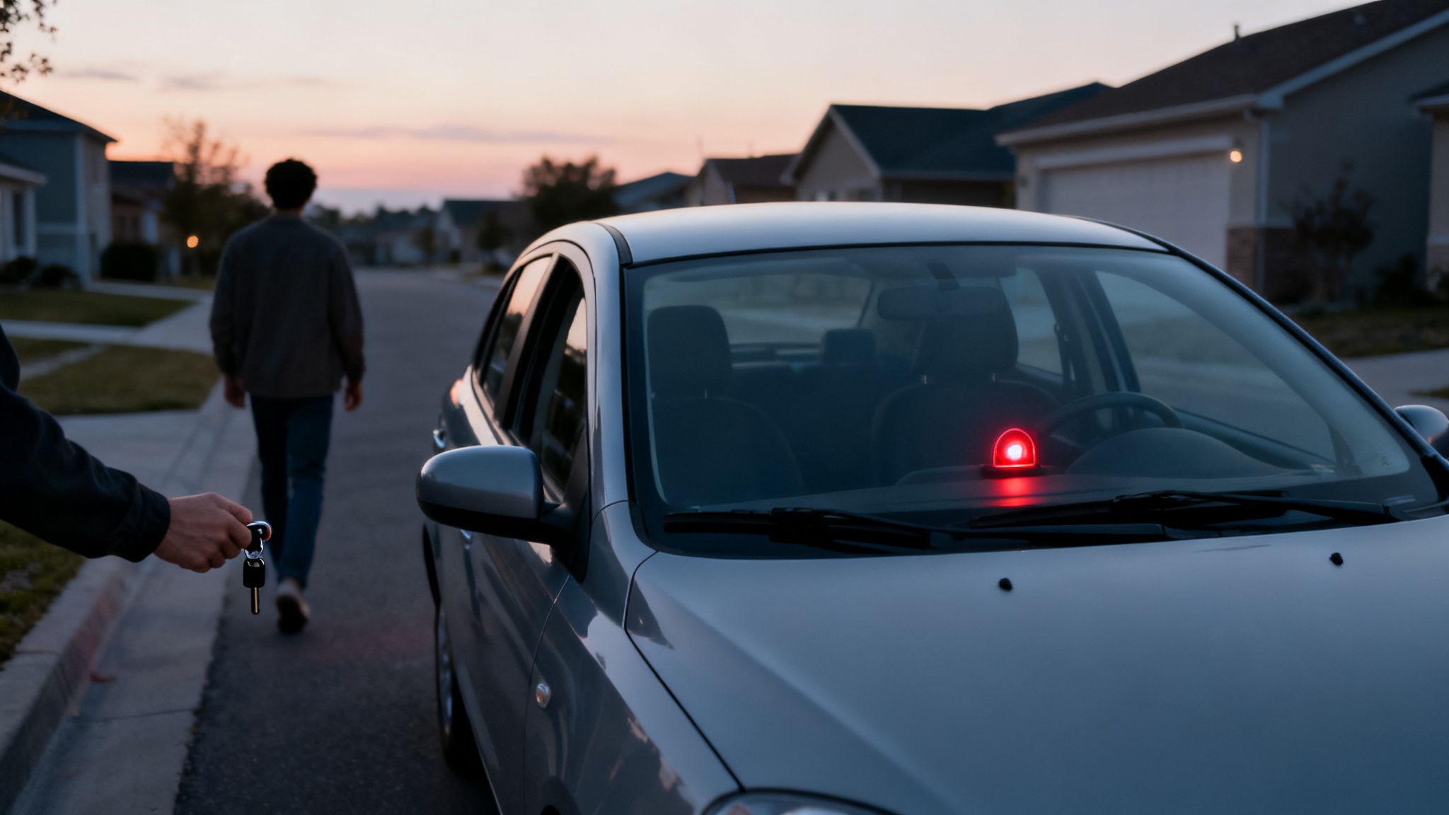Hand holding car keys near a car with an active red alarm light at dusk.