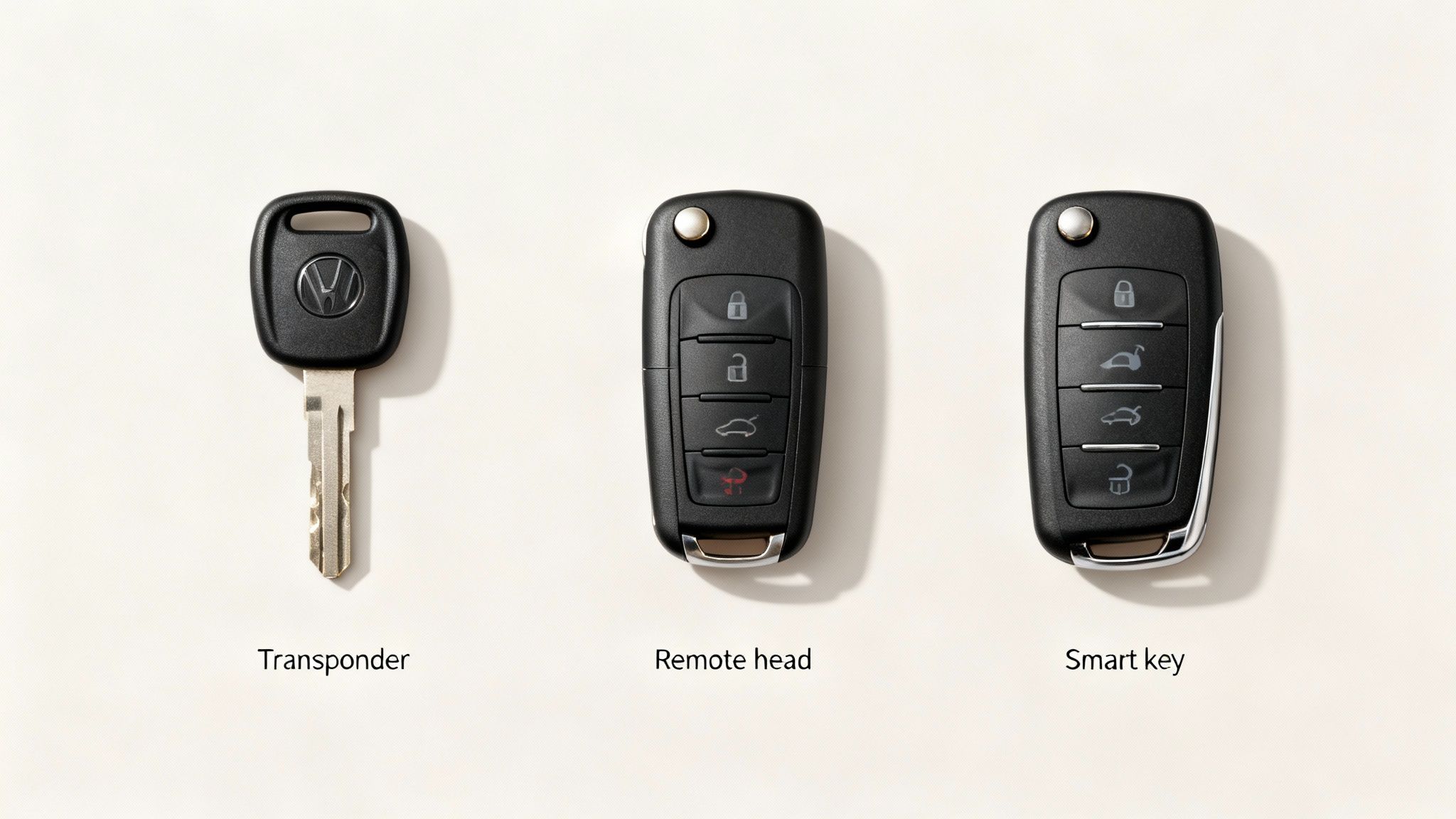 Three black car keys displayed: a transponder, a remote head, and a smart key.