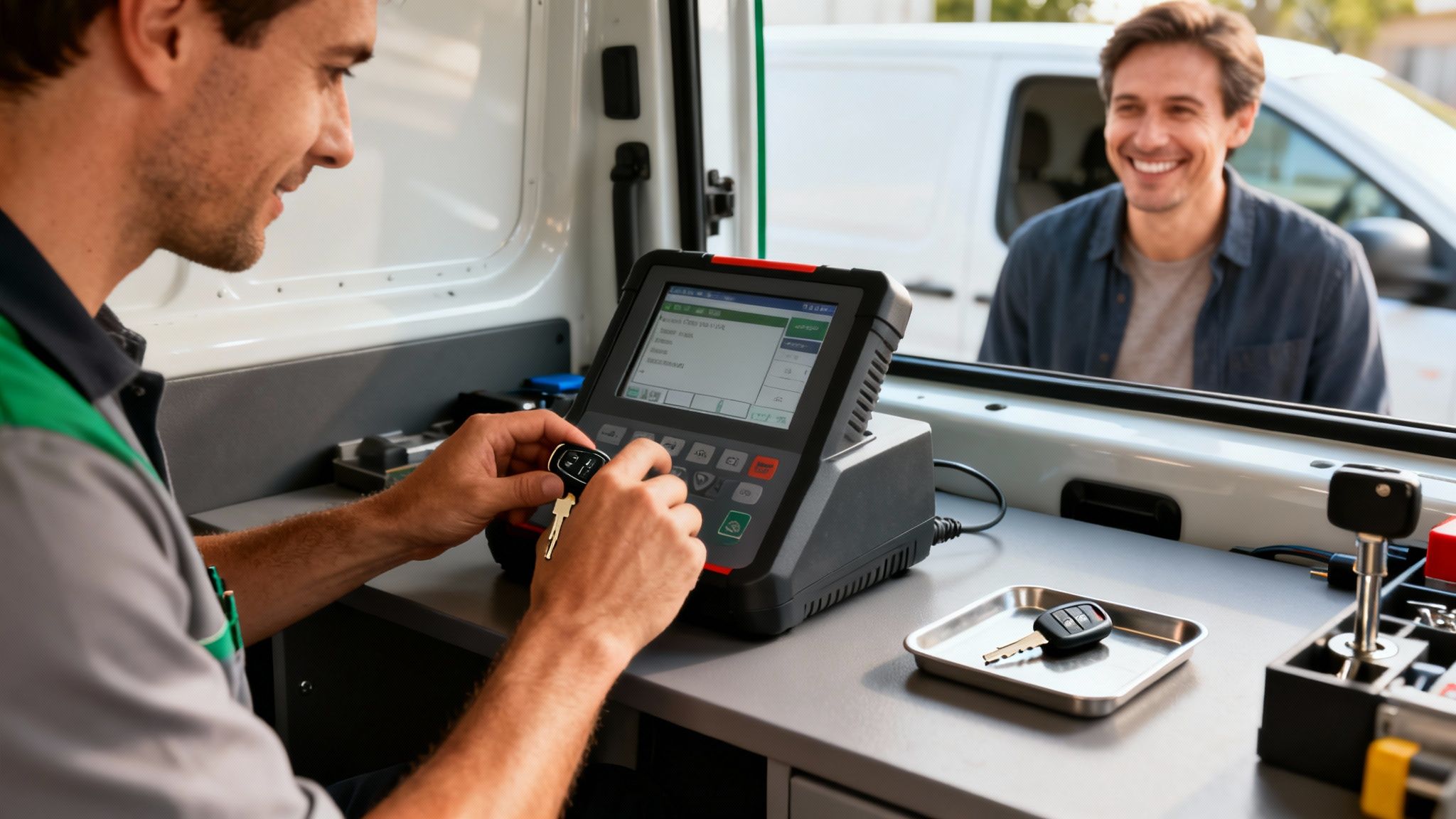 Locksmith programming a new car key for a smiling customer inside a service van.