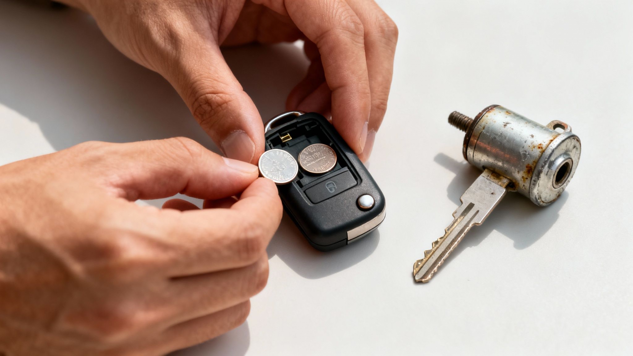 Close-up of hands replacing coin cell batteries in a car remote key, with a rusty lock cylinder nearby.