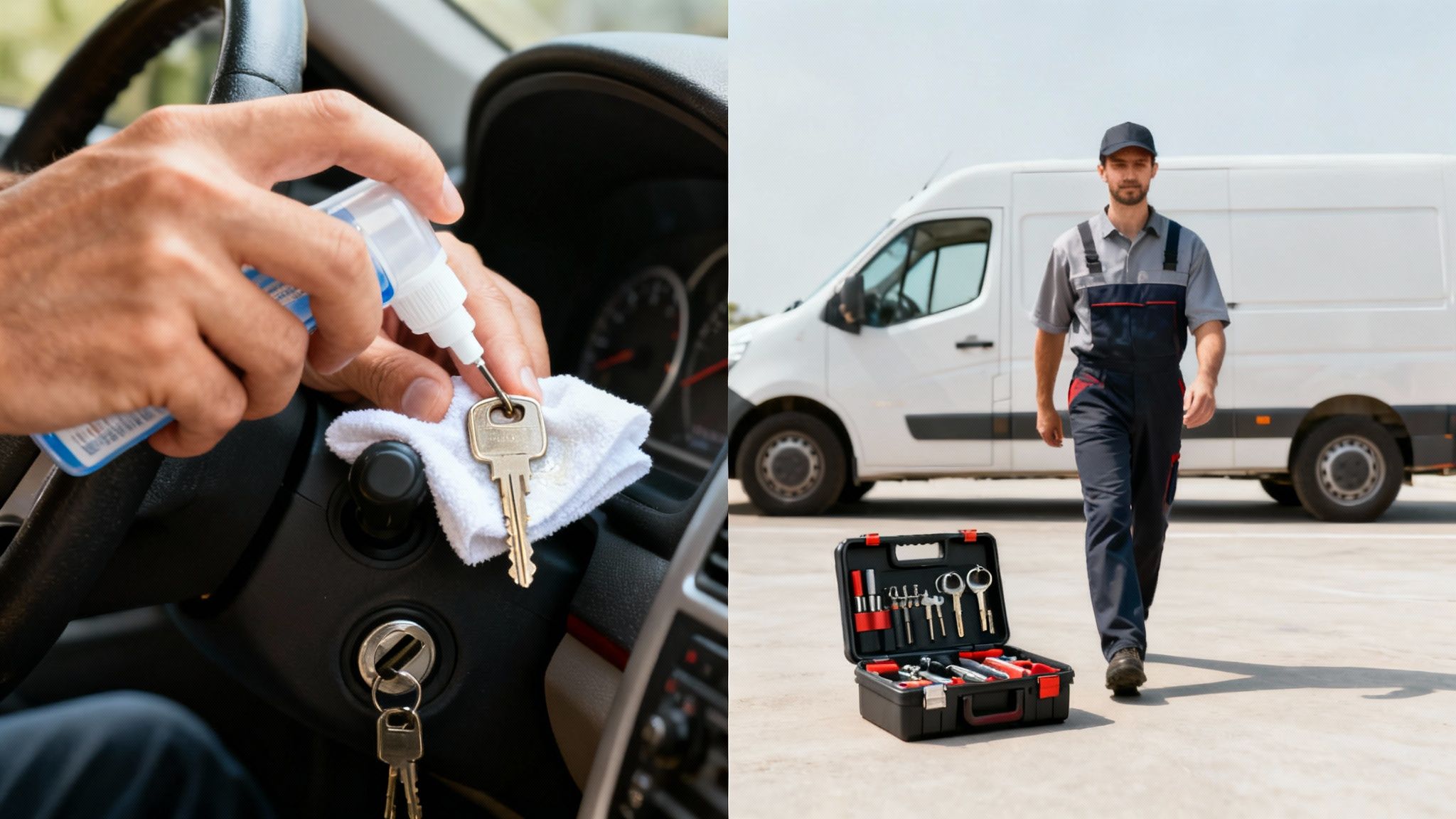 A person lubricates a car key near an ignition, alongside a locksmith with tools and a service van.
