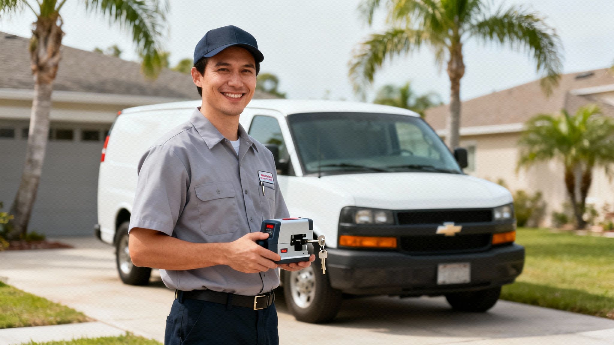 A smiling locksmith technician in uniform holds a key duplicator and car keys in front of a white service van.