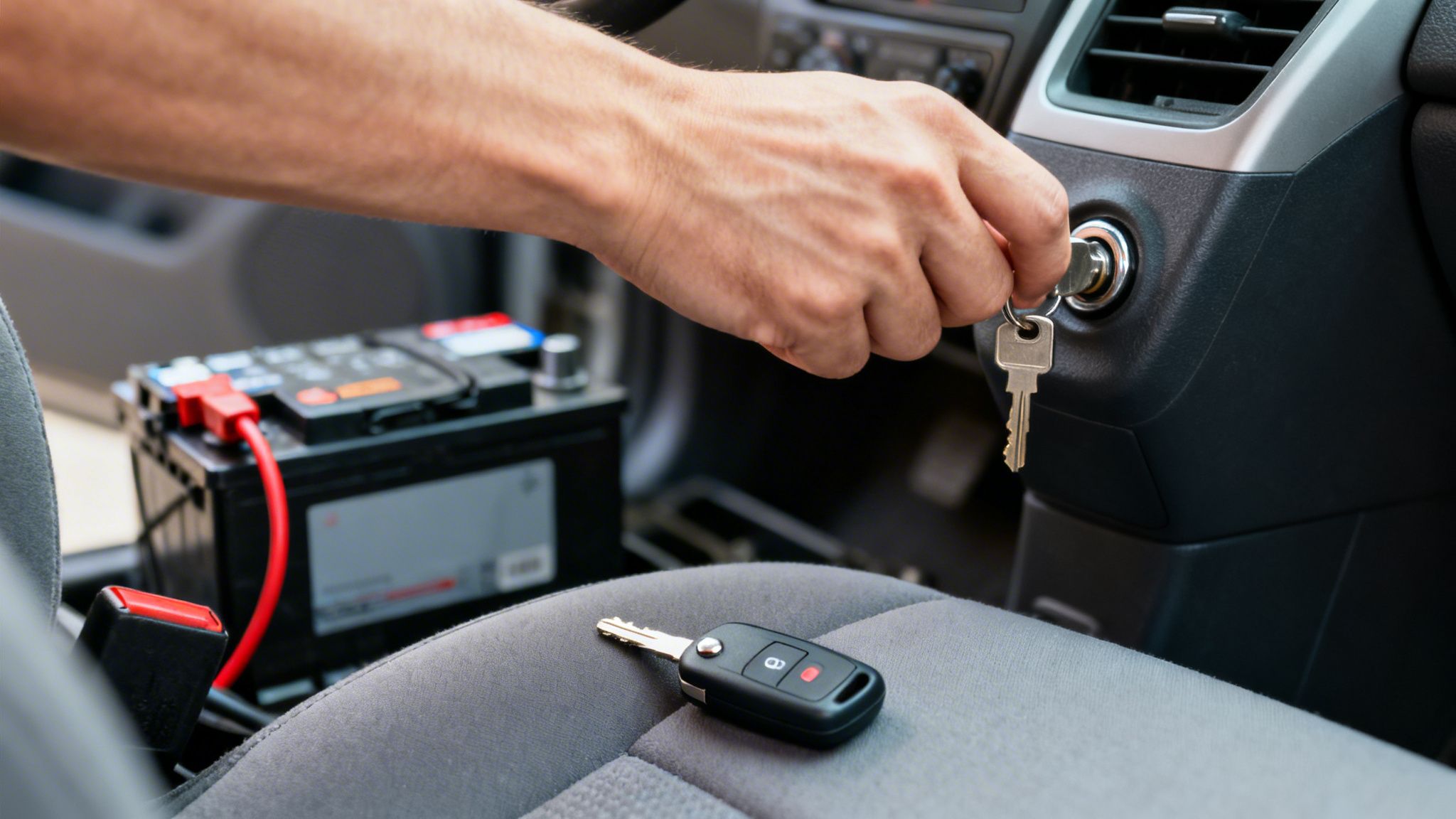 Hand turning car key in ignition, car battery with jumper cables, and car remote on seat.