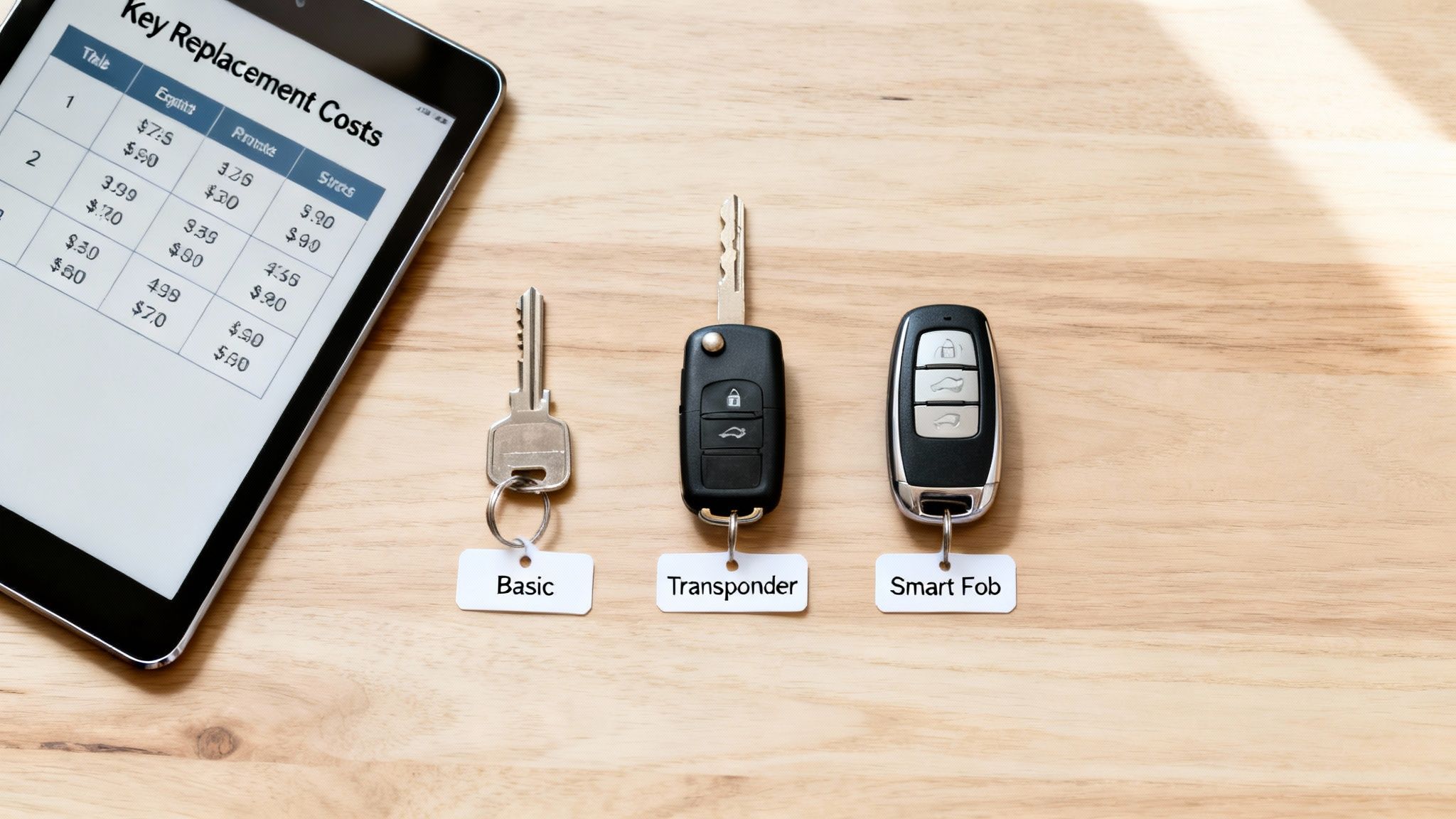 Tablet showing car key replacement costs next to basic, transponder, and smart fob car keys.
