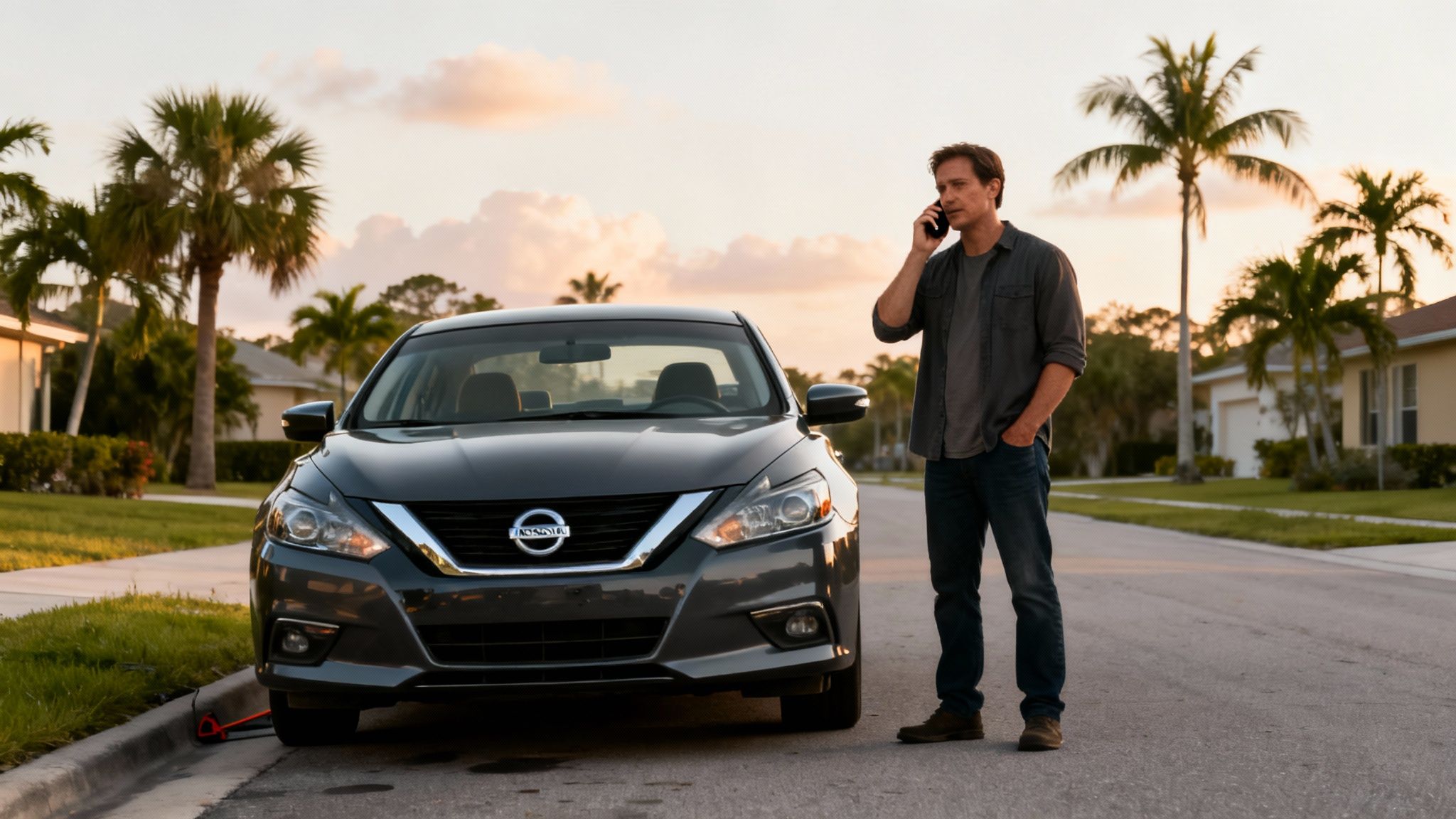A man on the phone next to a dark gray Nissan car with booster cables, suggesting car trouble.