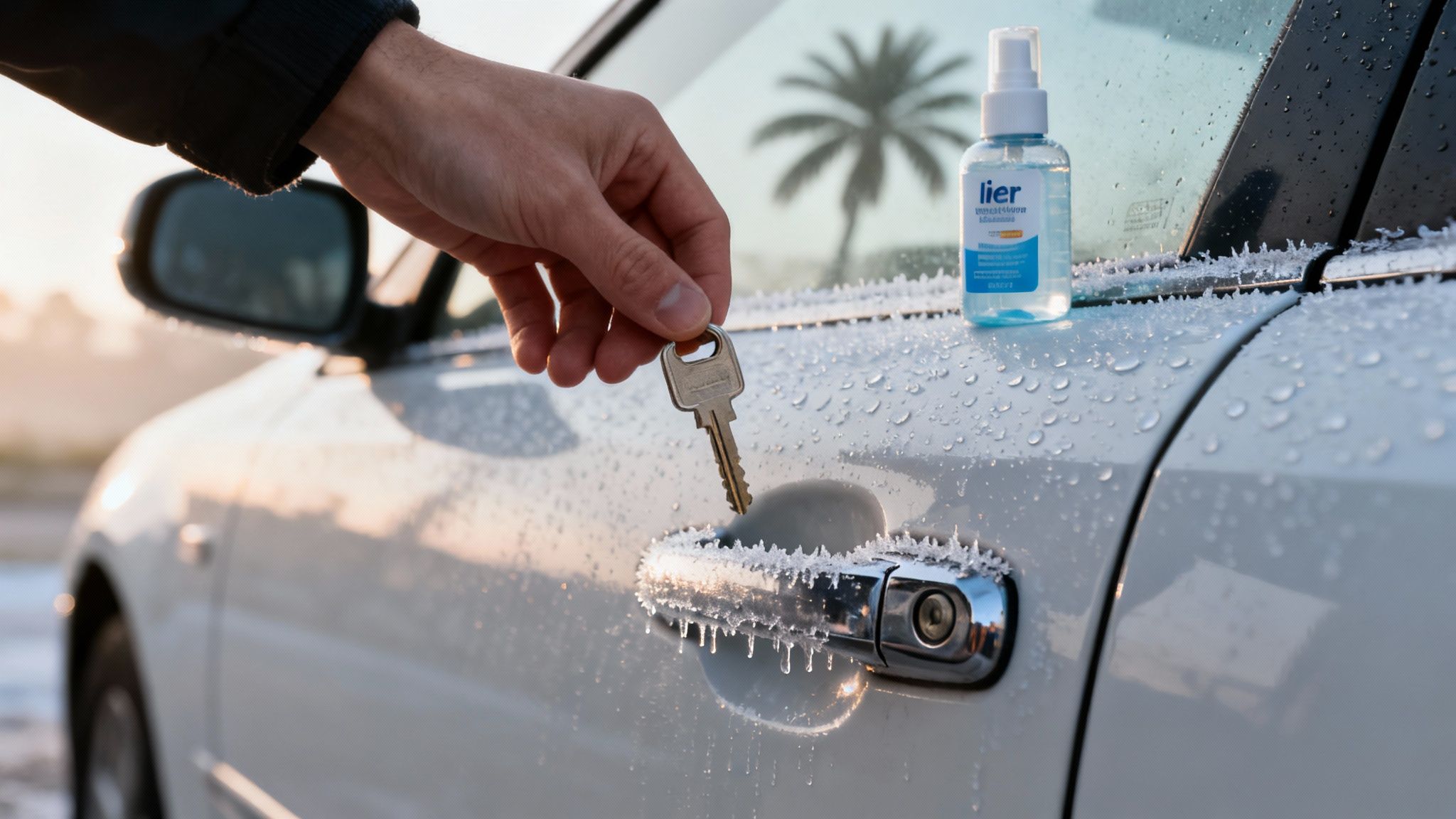 A hand holds a key near a frozen car door handle with a de-icer spray bottle on the roof.