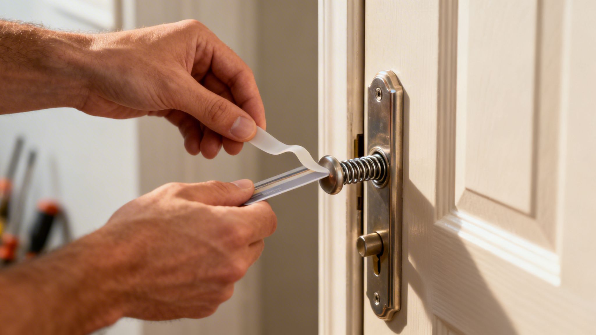 Hands using a credit card and plastic tool to bypass a door lock mechanism.