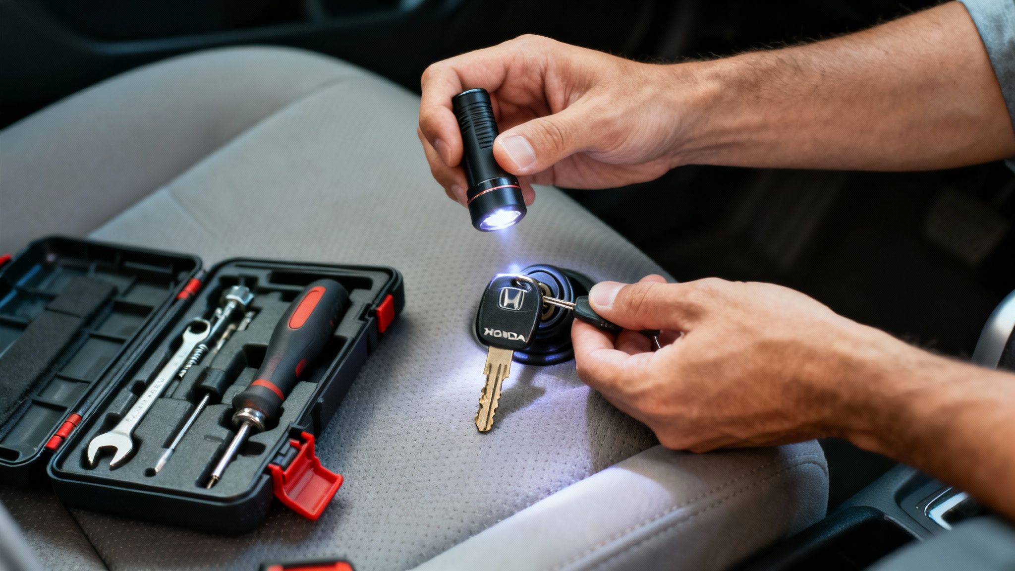 Hands illuminating a Honda car key in the ignition with a flashlight, tool kit nearby.