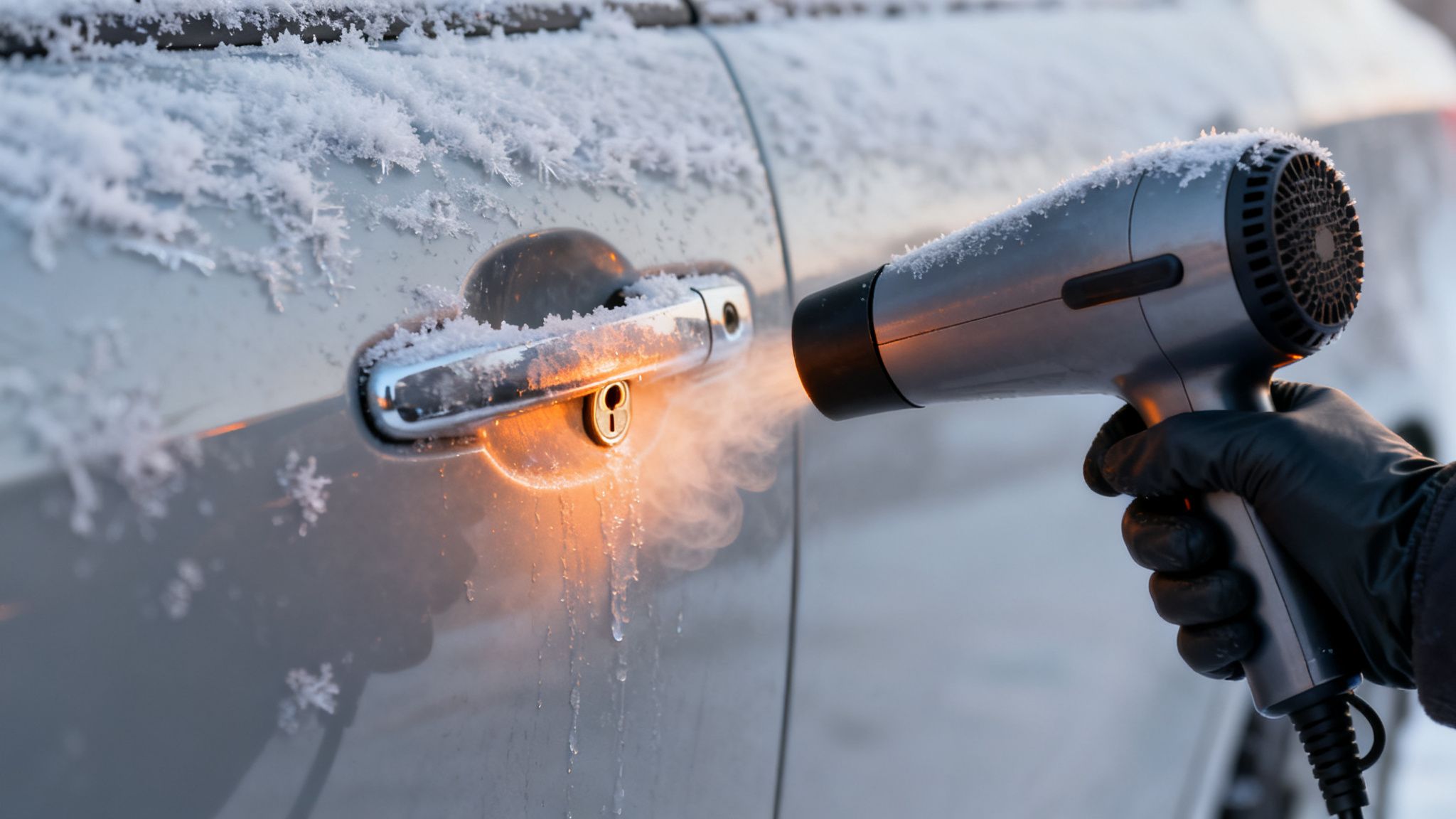 Hand in black glove uses a hairdryer to warm and unfreeze a frozen car door lock.
