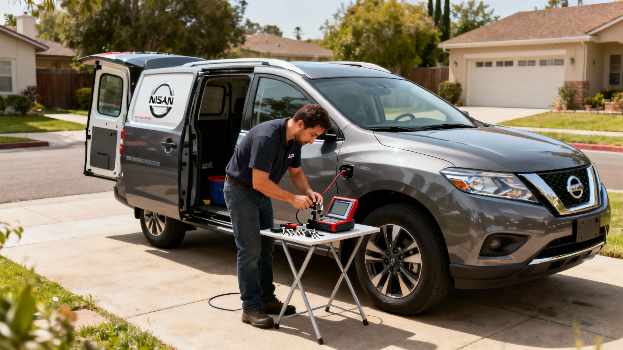 A Nissan technician programs car keys with a diagnostic tool next to a service van.