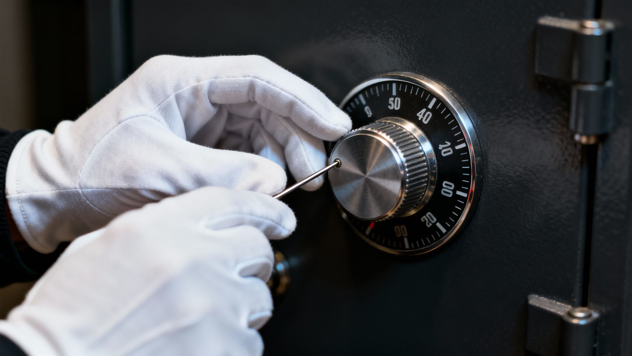 A person in white gloves carefully turning the dial of a dark grey combination safe with a tool.