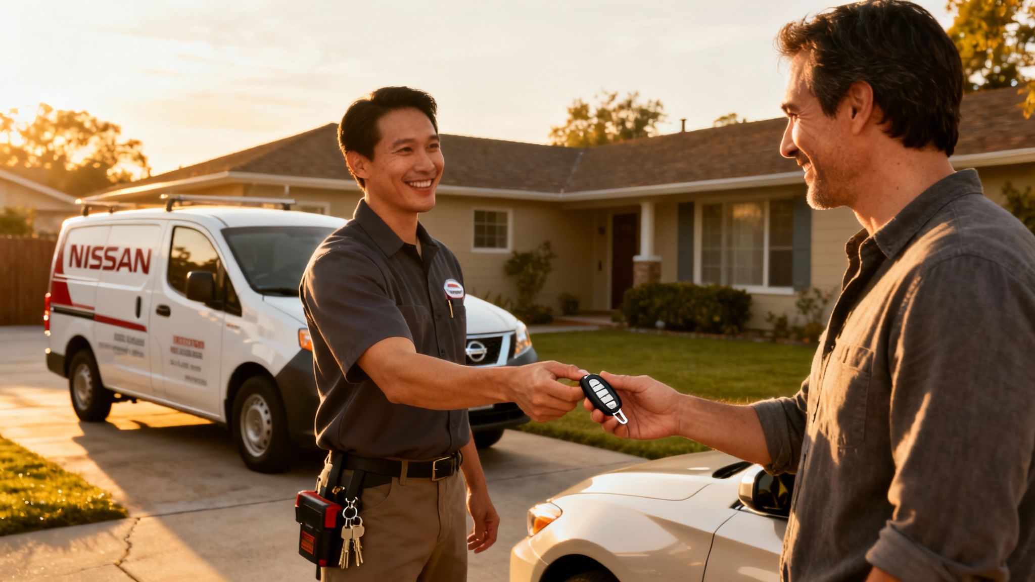 A smiling Nissan service technician hands car keys to a happy customer in a residential driveway.