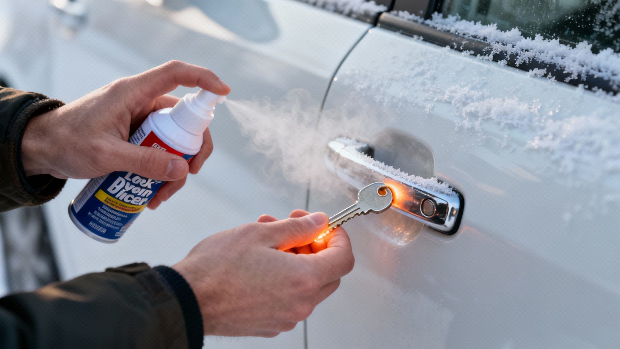A person sprays lock on a snow-covered car door handle with a glowing key.
