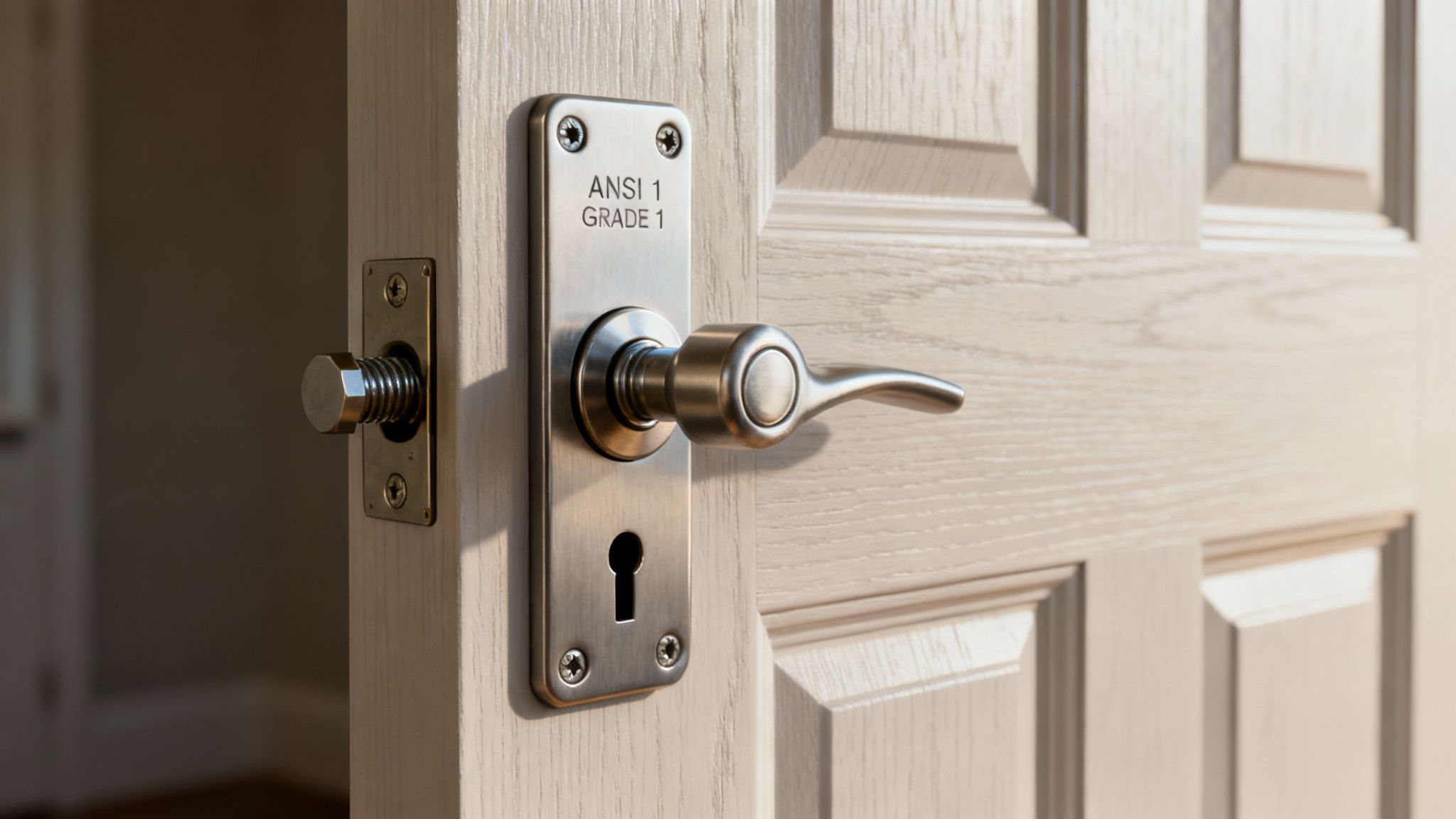 A close-up of a brushed metal door handle with 'ANSI 1 GRADE 1' on a light wooden door.