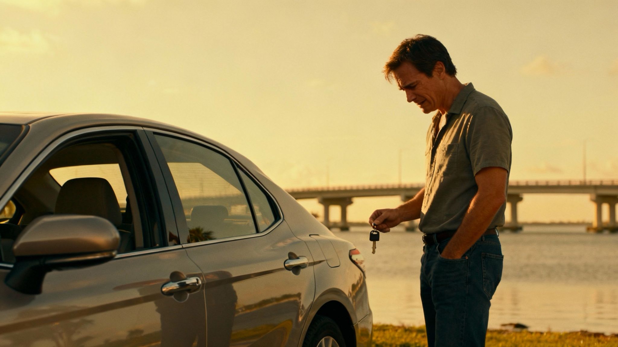 A man stands next to a car, looking down at the car key he holds, with a bridge and water in the golden background.