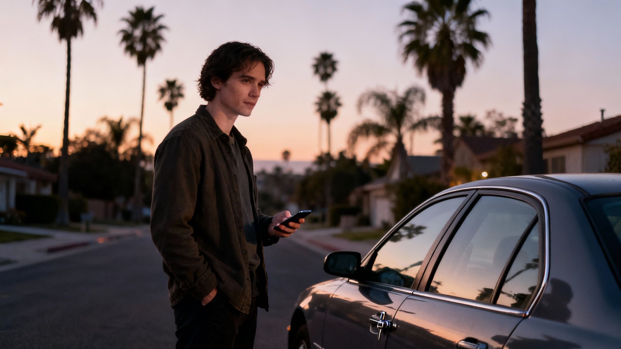 A young man stands next to a car, holding a phone, at sunset with palm trees.