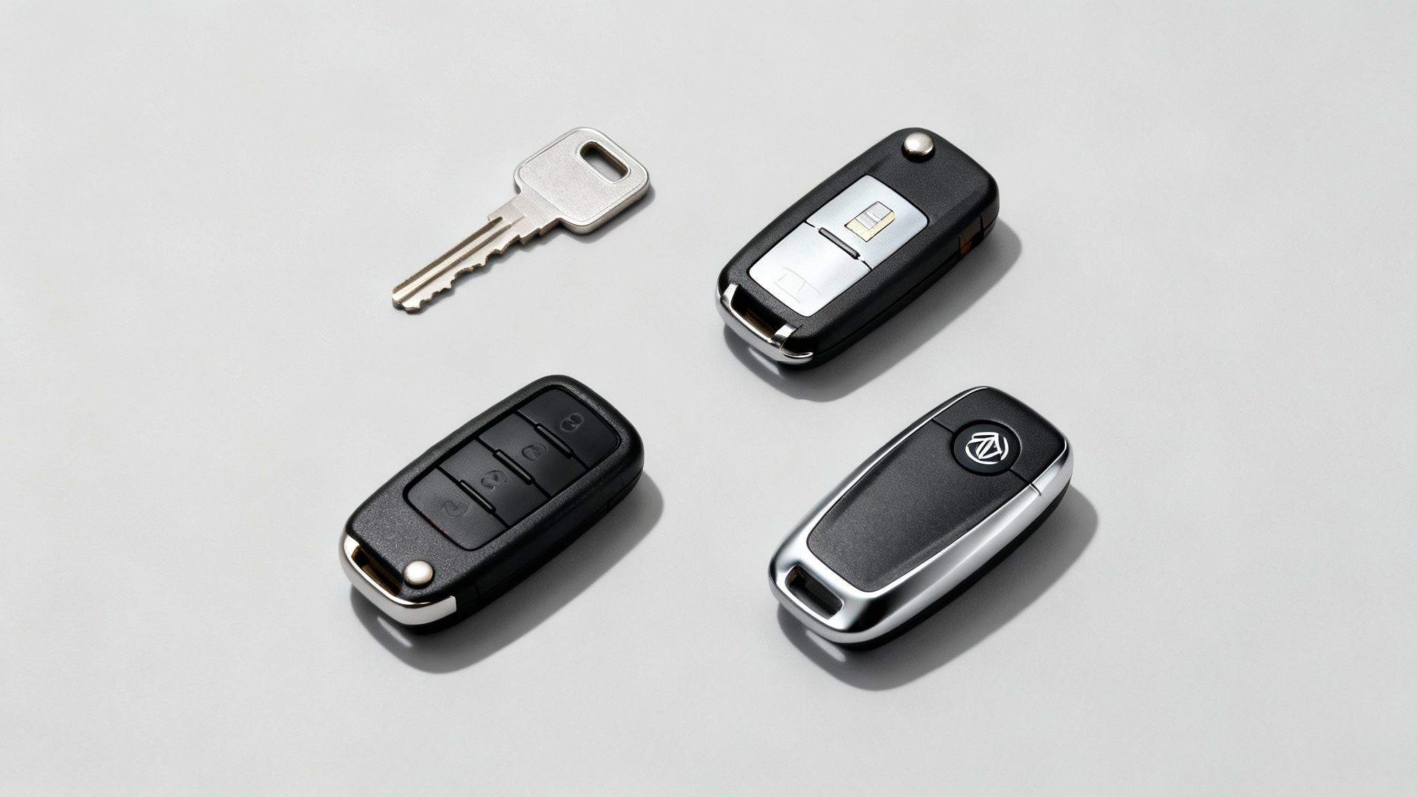 Four different car keys, including a traditional metal key and three modern remote fobs, on a grey surface.