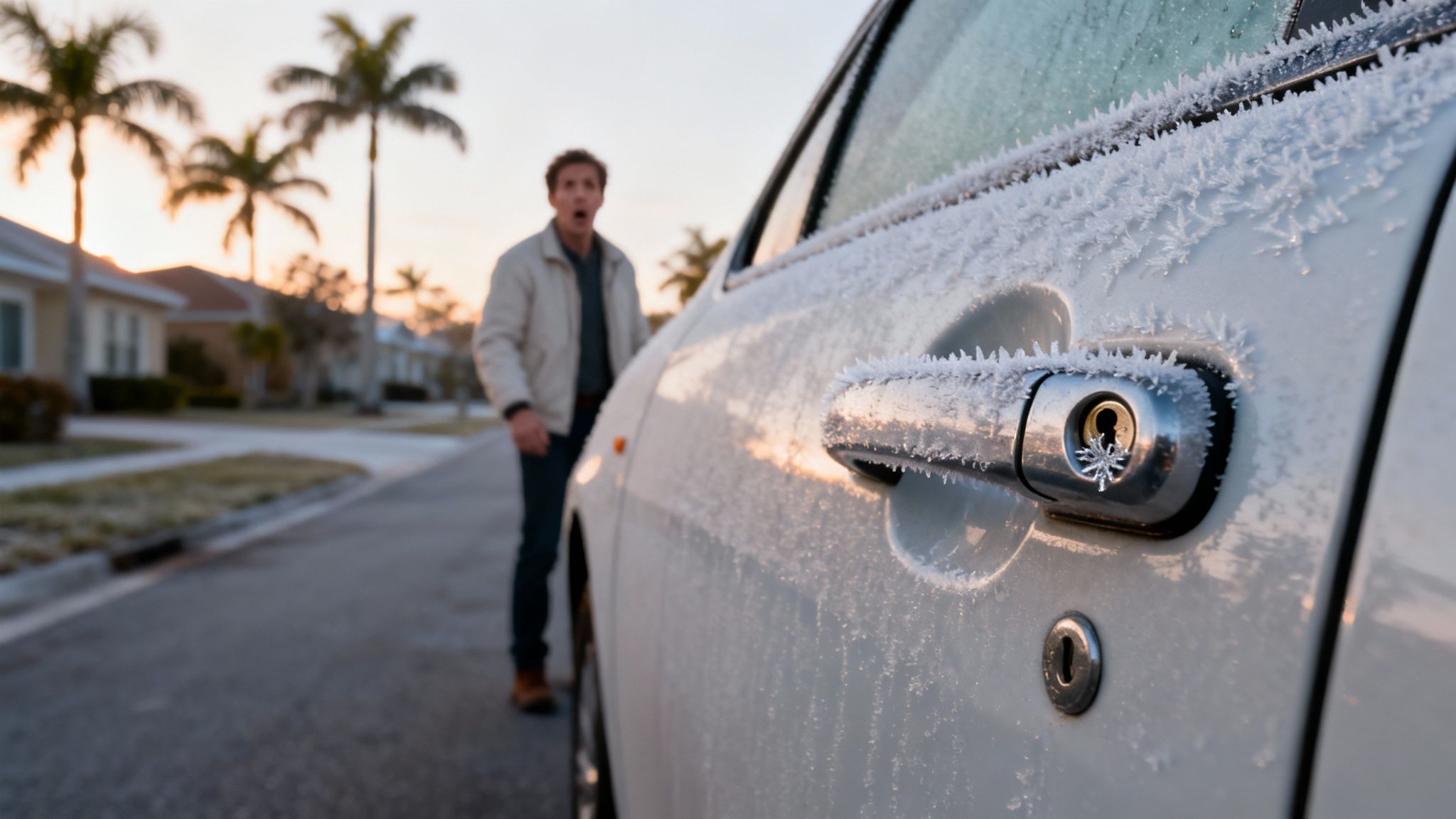 A surprised man looks at his white car door covered in frost and ice crystals.