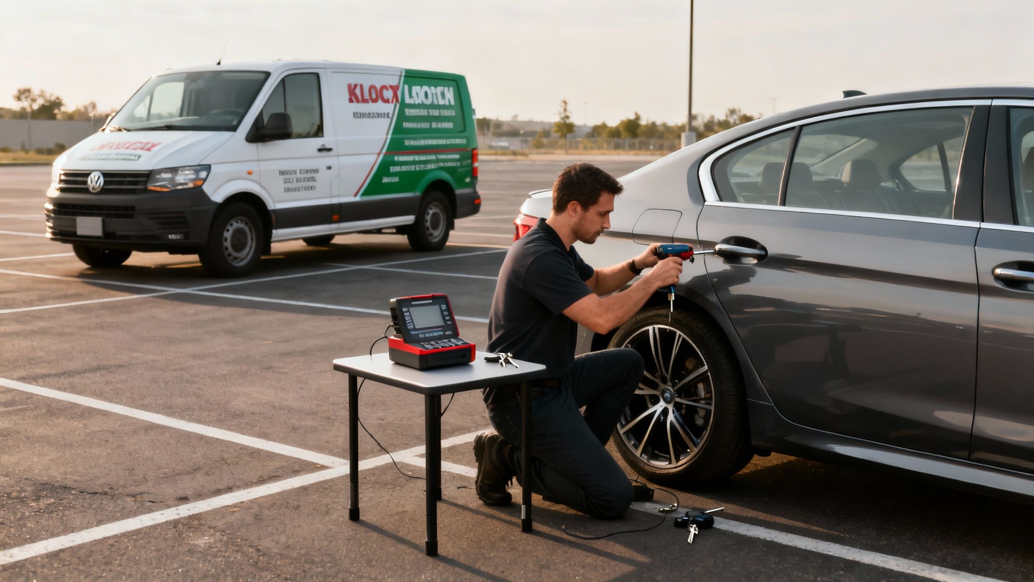 A mobile locksmith services a gray car in a parking lot with a service van nearby.