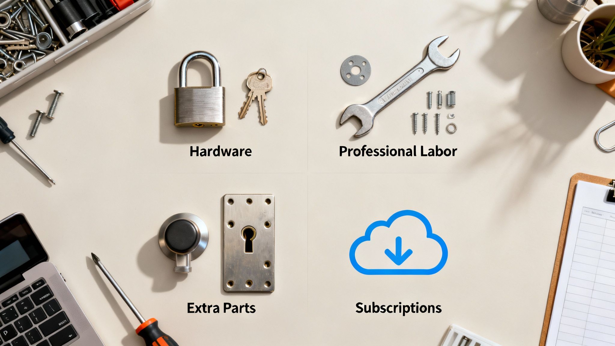 Flat lay showing four cost components: Hardware, Professional Labor, Extra Parts, and Subscriptions for smart lock installation.