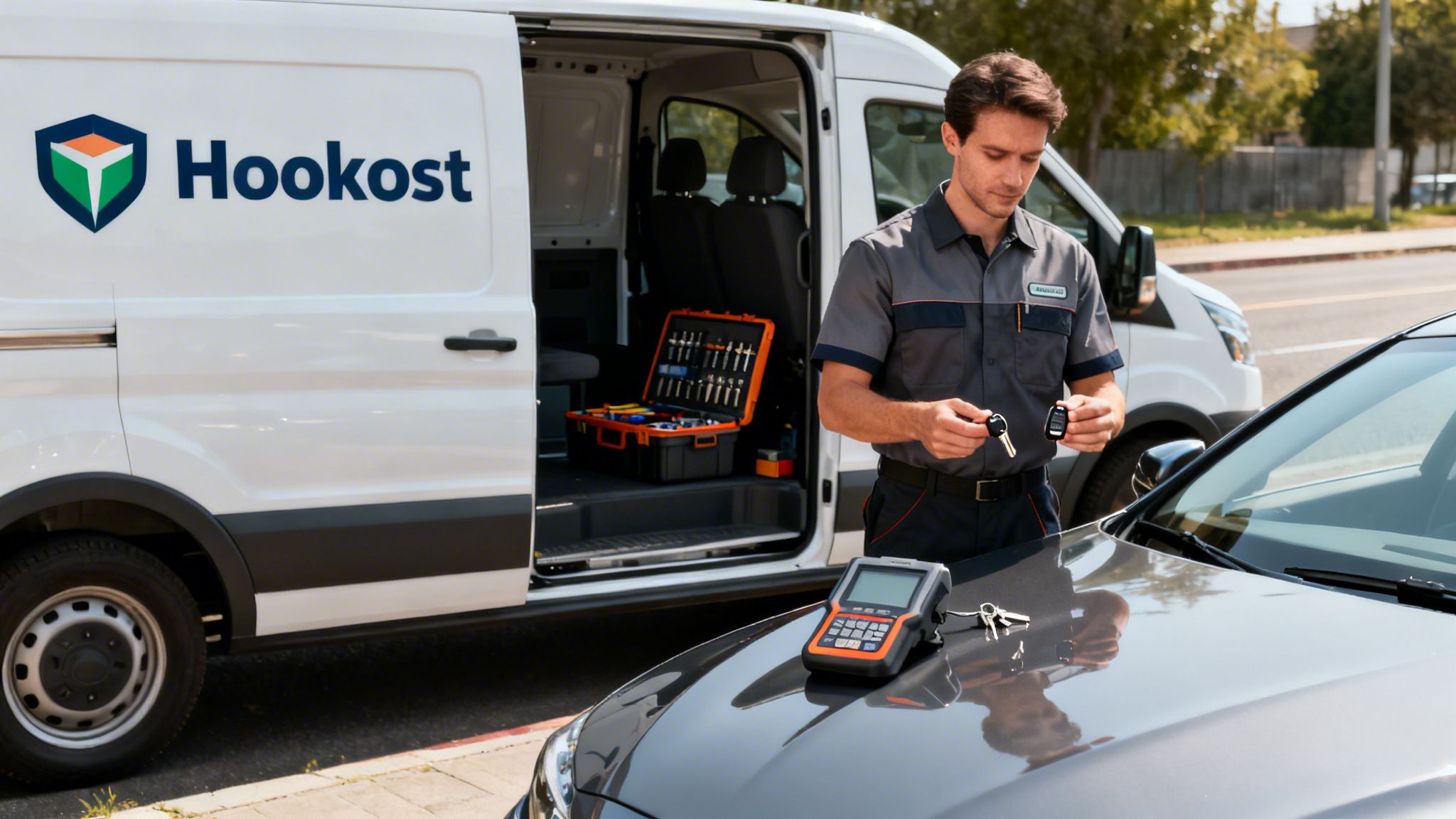 A male technician holds car keys, with a programming device on a car hood and a Hookost service van in the background.