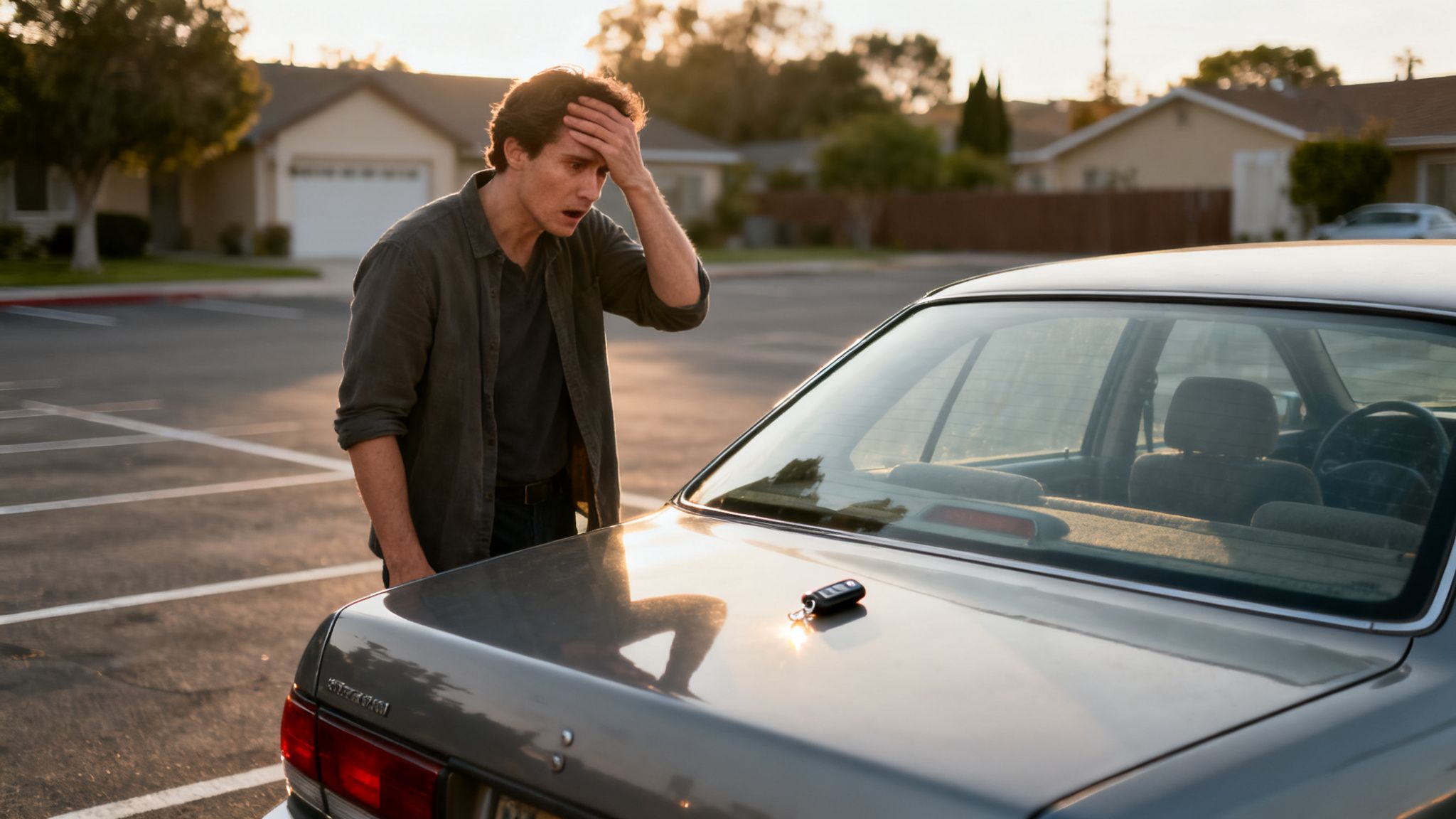 A distressed man holds his head, realizing his car keys are on the trunk.