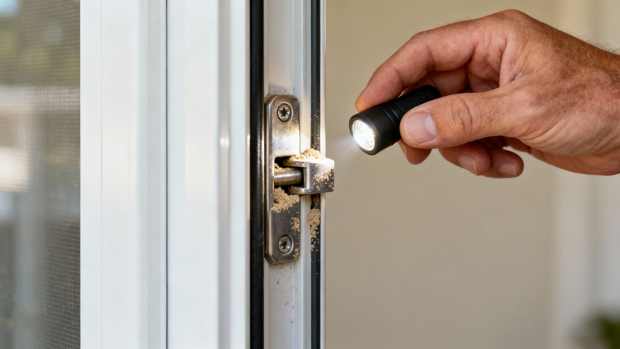 A hand shines a flashlight on a patio door lock mechanism covered in termite frass.