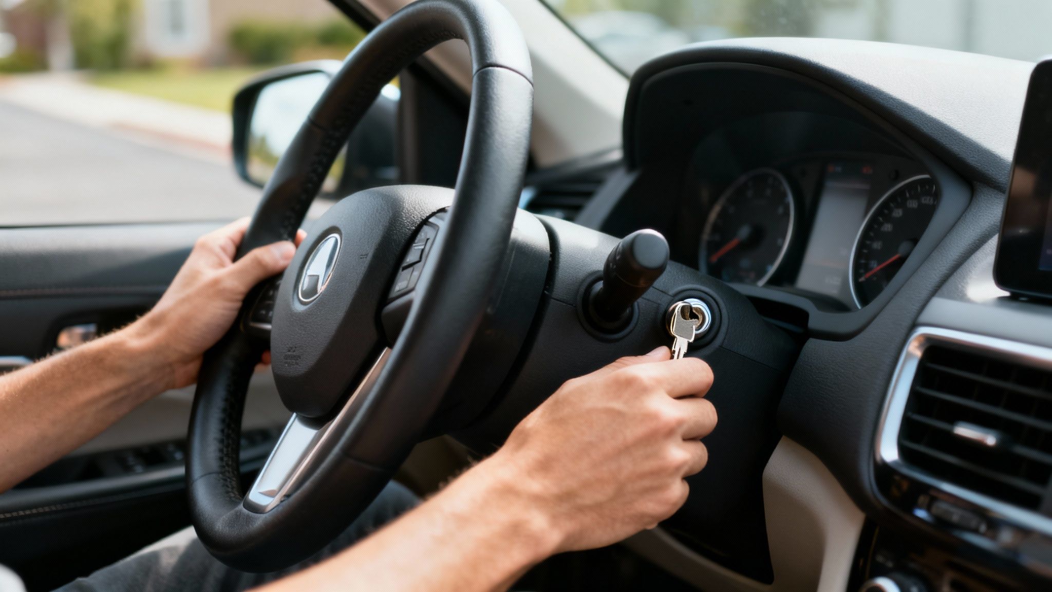 Close-up of a person's hands turning a car key in the ignition, ready to start driving.