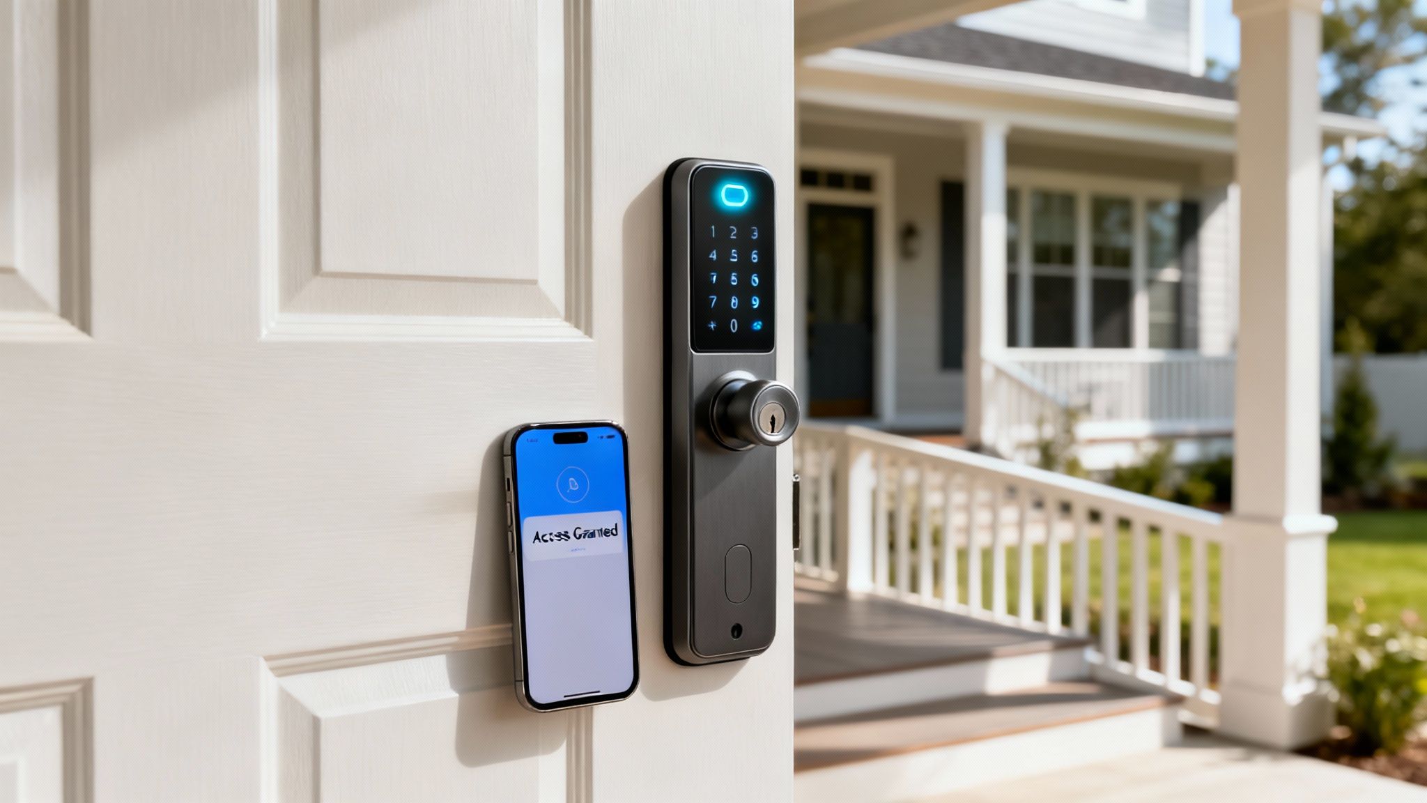 A smart door lock with a blue illuminated keypad and a phone showing access granted on a white door.