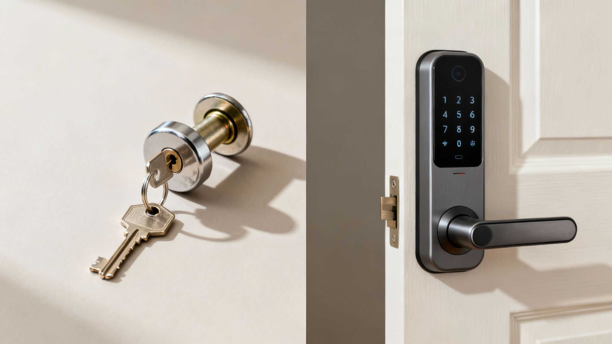 Traditional key lock with a brass cylinder and key versus a modern smart digital door lock with a keypad.
